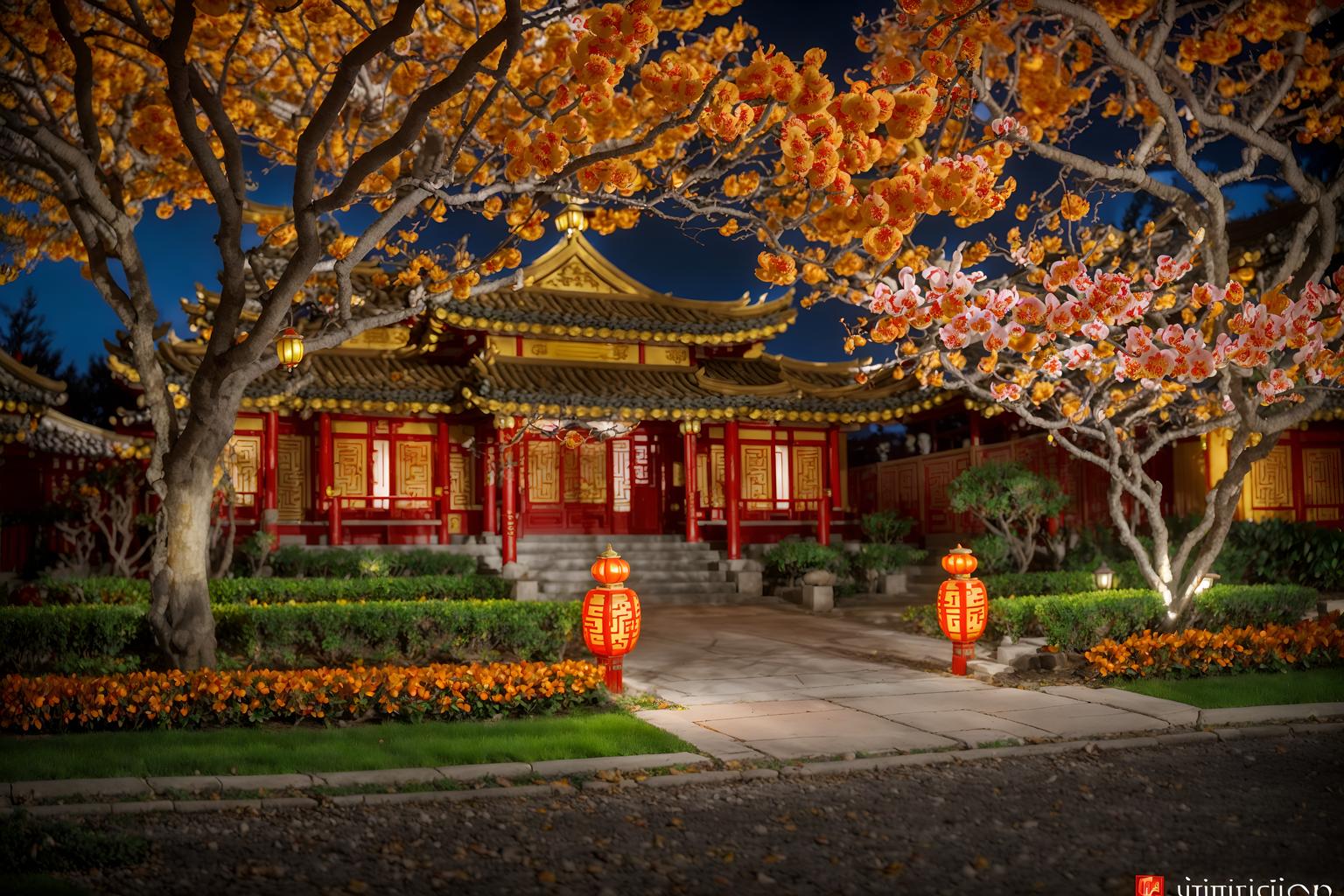 chinese new year-style exterior designed (house exterior exterior) . with red and gold candles and orange trees and zodiac calendar and vases of plum blossoms and orchids and chinese red lanterns and door couplets and red and gold tassels and kumquat trees. . cinematic photo, highly detailed, cinematic lighting, ultra-detailed, ultrarealistic, photorealism, 8k. chinese new year exterior design style. masterpiece, cinematic light, ultrarealistic+, photorealistic+, 8k, raw photo, realistic, sharp focus on eyes, (symmetrical eyes), (intact eyes), hyperrealistic, highest quality, best quality, , highly detailed, masterpiece, best quality, extremely detailed 8k wallpaper, masterpiece, best quality, ultra-detailed, best shadow, detailed background, detailed face, detailed eyes, high contrast, best illumination, detailed face, dulux, caustic, dynamic angle, detailed glow. dramatic lighting. highly detailed, insanely detailed hair, symmetrical, intricate details, professionally retouched, 8k high definition. strong bokeh. award winning photo.