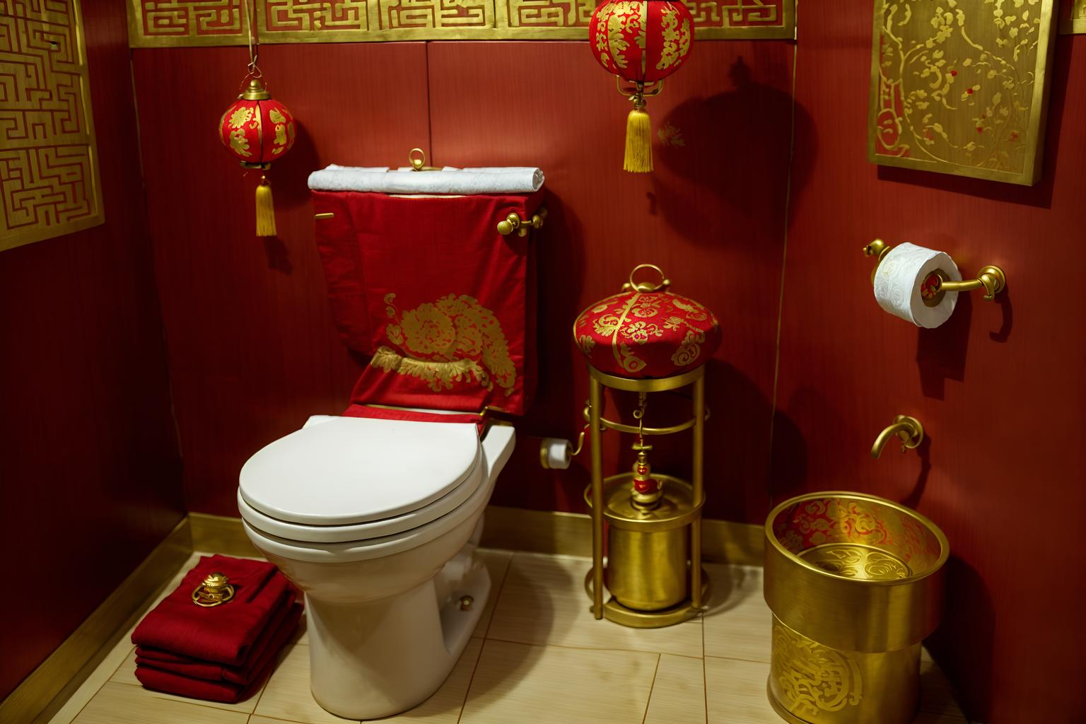 chinese new year-style (toilet interior) with sink with tap and toilet with toilet seat up and toilet paper hanger and sink with tap. . with zodiac calendar and chinese red lanterns and red and gold candles and money tree and paper firecrackers and red and gold tassels and gold ingots and red fabric & pillows. . cinematic photo, highly detailed, cinematic lighting, ultra-detailed, ultrarealistic, photorealism, 8k. chinese new year interior design style. masterpiece, cinematic light, ultrarealistic+, photorealistic+, 8k, raw photo, realistic, sharp focus on eyes, (symmetrical eyes), (intact eyes), hyperrealistic, highest quality, best quality, , highly detailed, masterpiece, best quality, extremely detailed 8k wallpaper, masterpiece, best quality, ultra-detailed, best shadow, detailed background, detailed face, detailed eyes, high contrast, best illumination, detailed face, dulux, caustic, dynamic angle, detailed glow. dramatic lighting. highly detailed, insanely detailed hair, symmetrical, intricate details, professionally retouched, 8k high definition. strong bokeh. award winning photo.