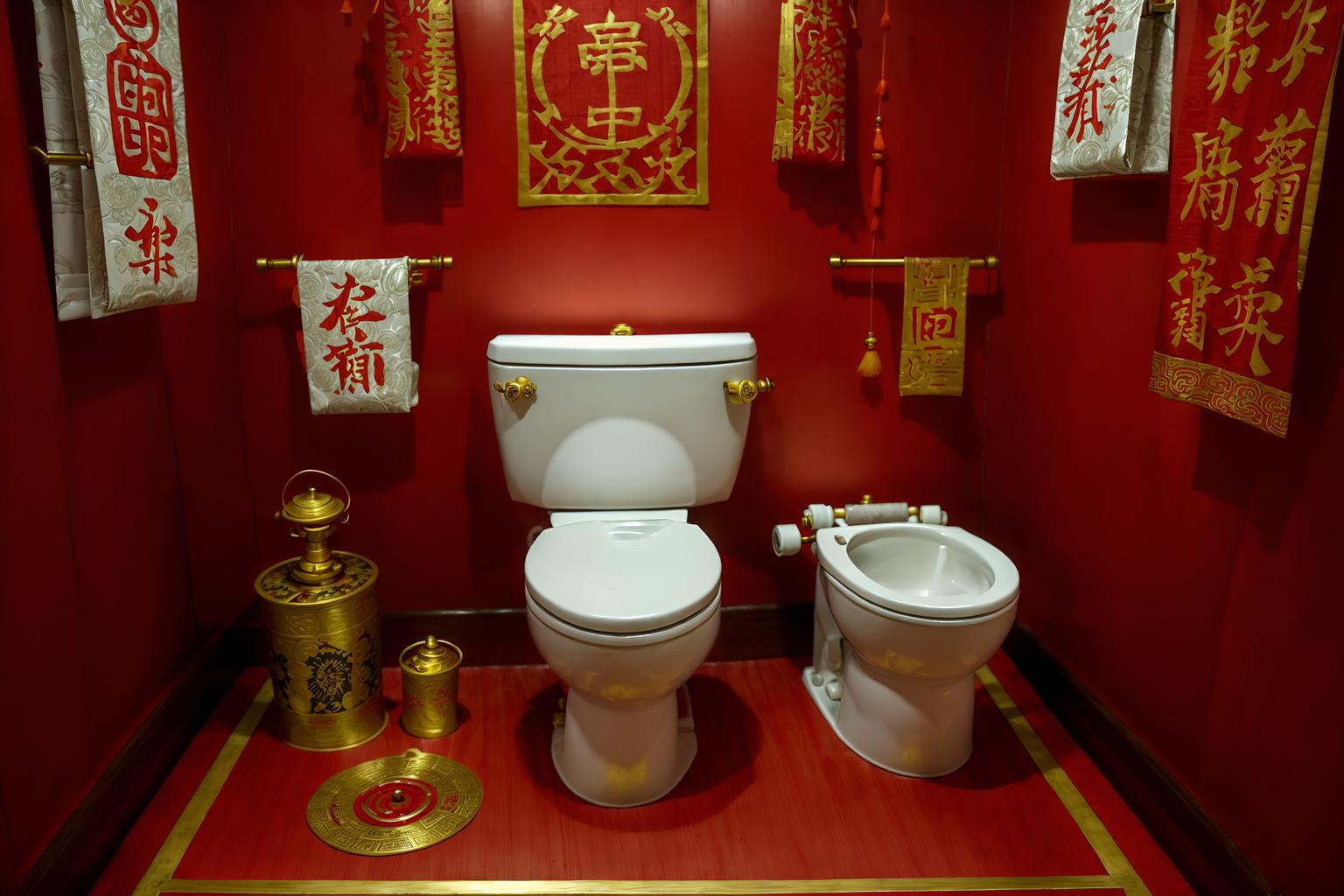 chinese new year-style (toilet interior) with sink with tap and toilet with toilet seat up and toilet paper hanger and sink with tap. . with zodiac calendar and chinese red lanterns and red and gold candles and money tree and paper firecrackers and red and gold tassels and gold ingots and red fabric & pillows. . cinematic photo, highly detailed, cinematic lighting, ultra-detailed, ultrarealistic, photorealism, 8k. chinese new year interior design style. masterpiece, cinematic light, ultrarealistic+, photorealistic+, 8k, raw photo, realistic, sharp focus on eyes, (symmetrical eyes), (intact eyes), hyperrealistic, highest quality, best quality, , highly detailed, masterpiece, best quality, extremely detailed 8k wallpaper, masterpiece, best quality, ultra-detailed, best shadow, detailed background, detailed face, detailed eyes, high contrast, best illumination, detailed face, dulux, caustic, dynamic angle, detailed glow. dramatic lighting. highly detailed, insanely detailed hair, symmetrical, intricate details, professionally retouched, 8k high definition. strong bokeh. award winning photo.