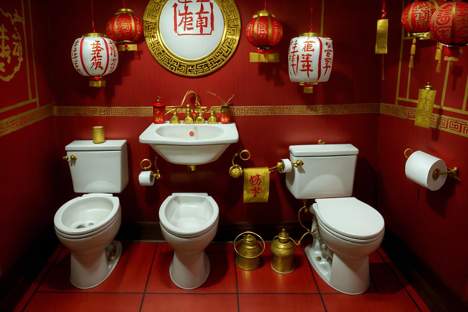 chinese new year-style (toilet interior) with sink with tap and toilet with toilet seat up and toilet paper hanger and sink with tap. . with zodiac calendar and chinese red lanterns and red and gold candles and money tree and paper firecrackers and red and gold tassels and gold ingots and red fabric & pillows. . cinematic photo, highly detailed, cinematic lighting, ultra-detailed, ultrarealistic, photorealism, 8k. chinese new year interior design style. masterpiece, cinematic light, ultrarealistic+, photorealistic+, 8k, raw photo, realistic, sharp focus on eyes, (symmetrical eyes), (intact eyes), hyperrealistic, highest quality, best quality, , highly detailed, masterpiece, best quality, extremely detailed 8k wallpaper, masterpiece, best quality, ultra-detailed, best shadow, detailed background, detailed face, detailed eyes, high contrast, best illumination, detailed face, dulux, caustic, dynamic angle, detailed glow. dramatic lighting. highly detailed, insanely detailed hair, symmetrical, intricate details, professionally retouched, 8k high definition. strong bokeh. award winning photo.