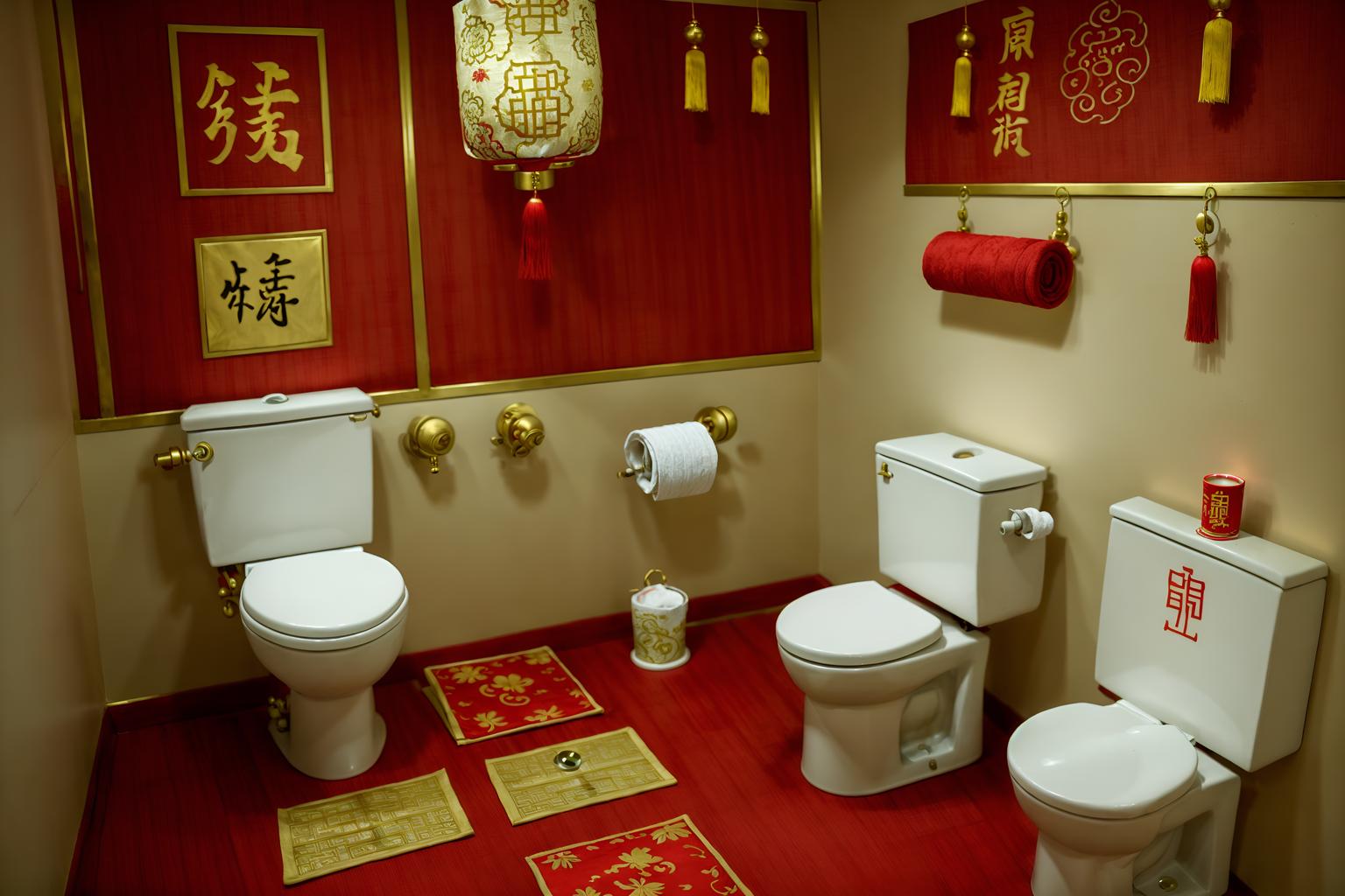 chinese new year-style (toilet interior) with sink with tap and toilet with toilet seat up and toilet paper hanger and sink with tap. . with zodiac calendar and chinese red lanterns and red and gold candles and money tree and paper firecrackers and red and gold tassels and gold ingots and red fabric & pillows. . cinematic photo, highly detailed, cinematic lighting, ultra-detailed, ultrarealistic, photorealism, 8k. chinese new year interior design style. masterpiece, cinematic light, ultrarealistic+, photorealistic+, 8k, raw photo, realistic, sharp focus on eyes, (symmetrical eyes), (intact eyes), hyperrealistic, highest quality, best quality, , highly detailed, masterpiece, best quality, extremely detailed 8k wallpaper, masterpiece, best quality, ultra-detailed, best shadow, detailed background, detailed face, detailed eyes, high contrast, best illumination, detailed face, dulux, caustic, dynamic angle, detailed glow. dramatic lighting. highly detailed, insanely detailed hair, symmetrical, intricate details, professionally retouched, 8k high definition. strong bokeh. award winning photo.