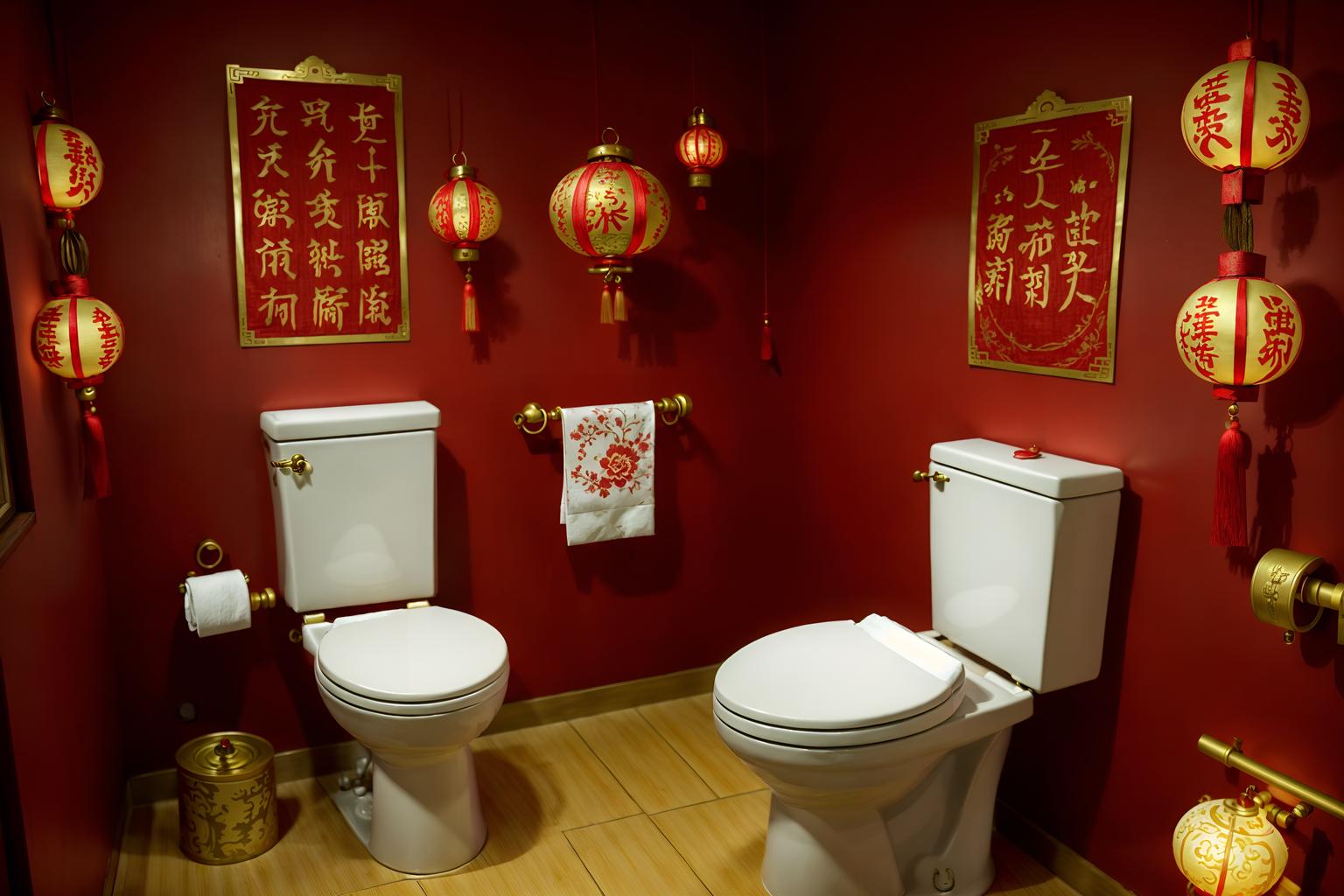 chinese new year-style (toilet interior) with sink with tap and toilet with toilet seat up and toilet paper hanger and sink with tap. . with zodiac calendar and chinese red lanterns and red and gold candles and money tree and paper firecrackers and red and gold tassels and gold ingots and red fabric & pillows. . cinematic photo, highly detailed, cinematic lighting, ultra-detailed, ultrarealistic, photorealism, 8k. chinese new year interior design style. masterpiece, cinematic light, ultrarealistic+, photorealistic+, 8k, raw photo, realistic, sharp focus on eyes, (symmetrical eyes), (intact eyes), hyperrealistic, highest quality, best quality, , highly detailed, masterpiece, best quality, extremely detailed 8k wallpaper, masterpiece, best quality, ultra-detailed, best shadow, detailed background, detailed face, detailed eyes, high contrast, best illumination, detailed face, dulux, caustic, dynamic angle, detailed glow. dramatic lighting. highly detailed, insanely detailed hair, symmetrical, intricate details, professionally retouched, 8k high definition. strong bokeh. award winning photo.