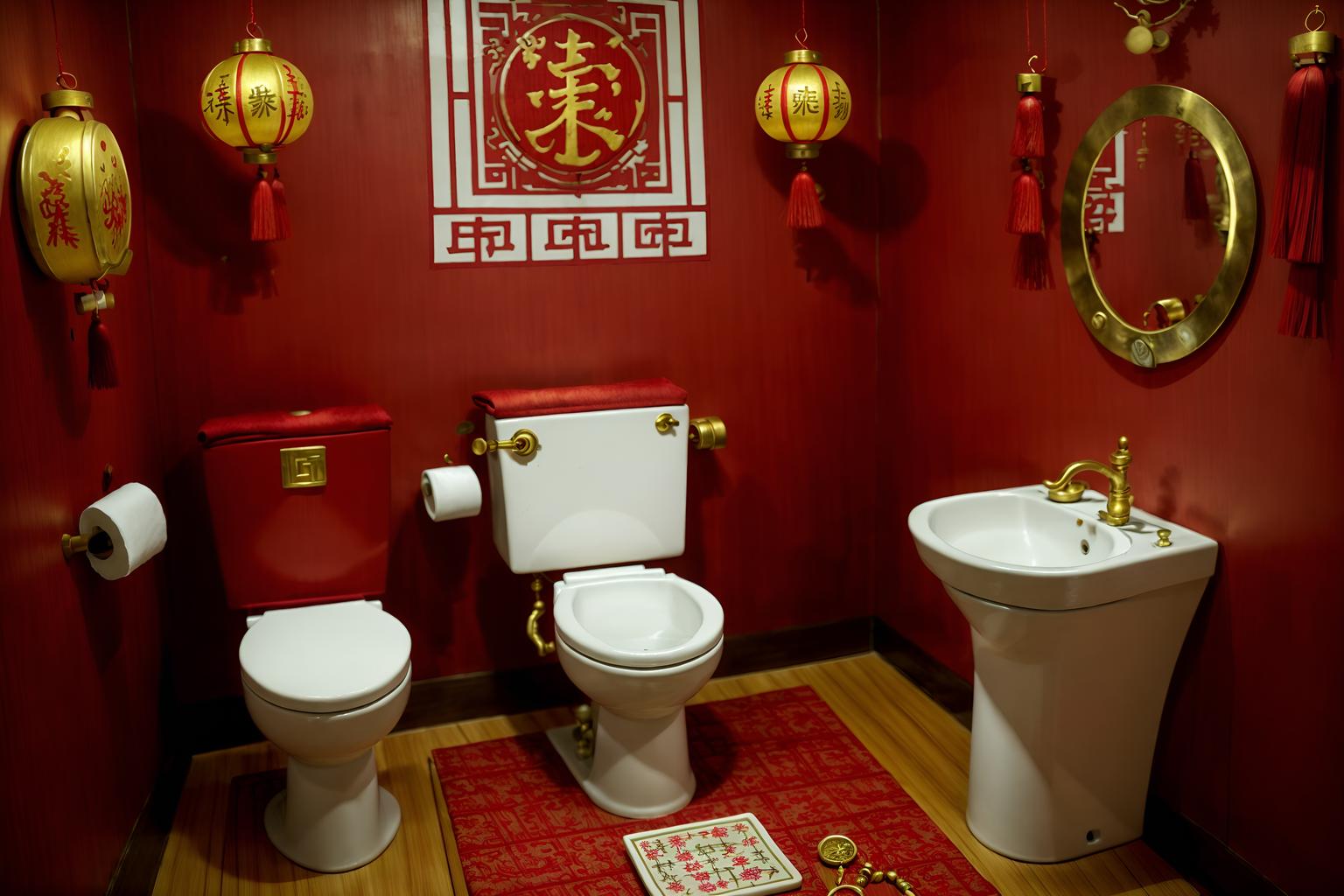 chinese new year-style (toilet interior) with sink with tap and toilet with toilet seat up and toilet paper hanger and sink with tap. . with zodiac calendar and chinese red lanterns and red and gold candles and money tree and paper firecrackers and red and gold tassels and gold ingots and red fabric & pillows. . cinematic photo, highly detailed, cinematic lighting, ultra-detailed, ultrarealistic, photorealism, 8k. chinese new year interior design style. masterpiece, cinematic light, ultrarealistic+, photorealistic+, 8k, raw photo, realistic, sharp focus on eyes, (symmetrical eyes), (intact eyes), hyperrealistic, highest quality, best quality, , highly detailed, masterpiece, best quality, extremely detailed 8k wallpaper, masterpiece, best quality, ultra-detailed, best shadow, detailed background, detailed face, detailed eyes, high contrast, best illumination, detailed face, dulux, caustic, dynamic angle, detailed glow. dramatic lighting. highly detailed, insanely detailed hair, symmetrical, intricate details, professionally retouched, 8k high definition. strong bokeh. award winning photo.