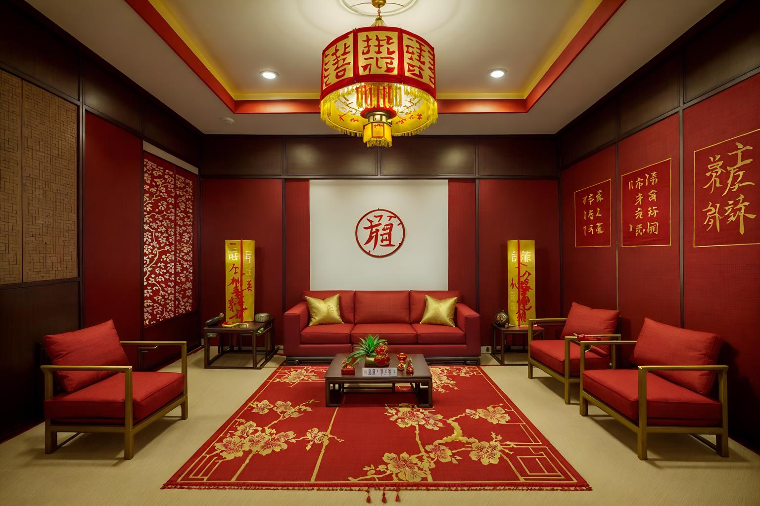 chinese new year-style (office interior) with office chairs and seating area with sofa and windows and cabinets and lounge chairs and office desks and desk lamps and computer desks. . with paper firecrackers and red and gold tassels and red fabric & pillows and red and gold candles and zodiac calendar and vases of plum blossoms and orchids and orange trees and gold ingots. . cinematic photo, highly detailed, cinematic lighting, ultra-detailed, ultrarealistic, photorealism, 8k. chinese new year interior design style. masterpiece, cinematic light, ultrarealistic+, photorealistic+, 8k, raw photo, realistic, sharp focus on eyes, (symmetrical eyes), (intact eyes), hyperrealistic, highest quality, best quality, , highly detailed, masterpiece, best quality, extremely detailed 8k wallpaper, masterpiece, best quality, ultra-detailed, best shadow, detailed background, detailed face, detailed eyes, high contrast, best illumination, detailed face, dulux, caustic, dynamic angle, detailed glow. dramatic lighting. highly detailed, insanely detailed hair, symmetrical, intricate details, professionally retouched, 8k high definition. strong bokeh. award winning photo.