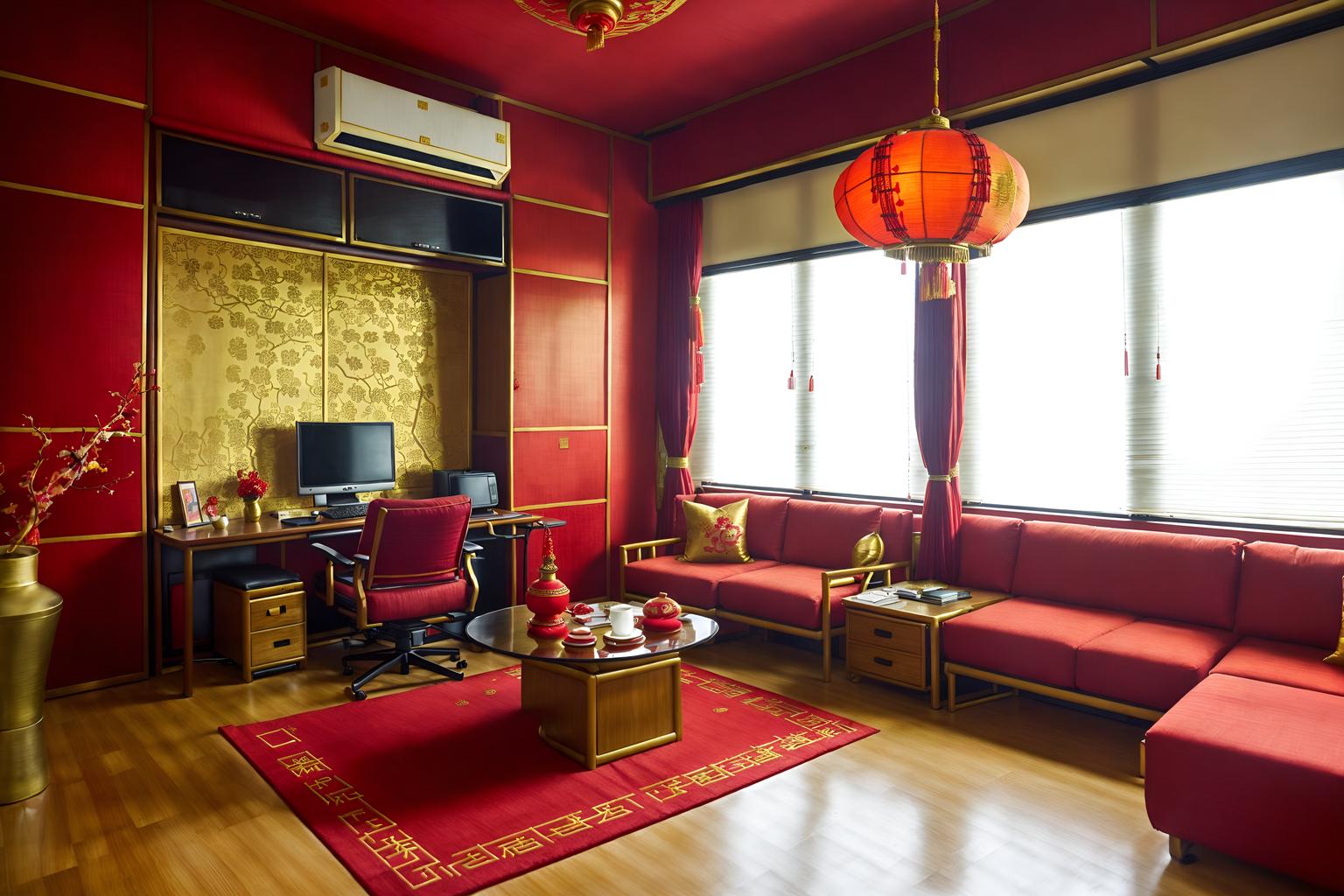 chinese new year-style (office interior) with office chairs and seating area with sofa and windows and cabinets and lounge chairs and office desks and desk lamps and computer desks. . with paper firecrackers and red and gold tassels and red fabric & pillows and red and gold candles and zodiac calendar and vases of plum blossoms and orchids and orange trees and gold ingots. . cinematic photo, highly detailed, cinematic lighting, ultra-detailed, ultrarealistic, photorealism, 8k. chinese new year interior design style. masterpiece, cinematic light, ultrarealistic+, photorealistic+, 8k, raw photo, realistic, sharp focus on eyes, (symmetrical eyes), (intact eyes), hyperrealistic, highest quality, best quality, , highly detailed, masterpiece, best quality, extremely detailed 8k wallpaper, masterpiece, best quality, ultra-detailed, best shadow, detailed background, detailed face, detailed eyes, high contrast, best illumination, detailed face, dulux, caustic, dynamic angle, detailed glow. dramatic lighting. highly detailed, insanely detailed hair, symmetrical, intricate details, professionally retouched, 8k high definition. strong bokeh. award winning photo.