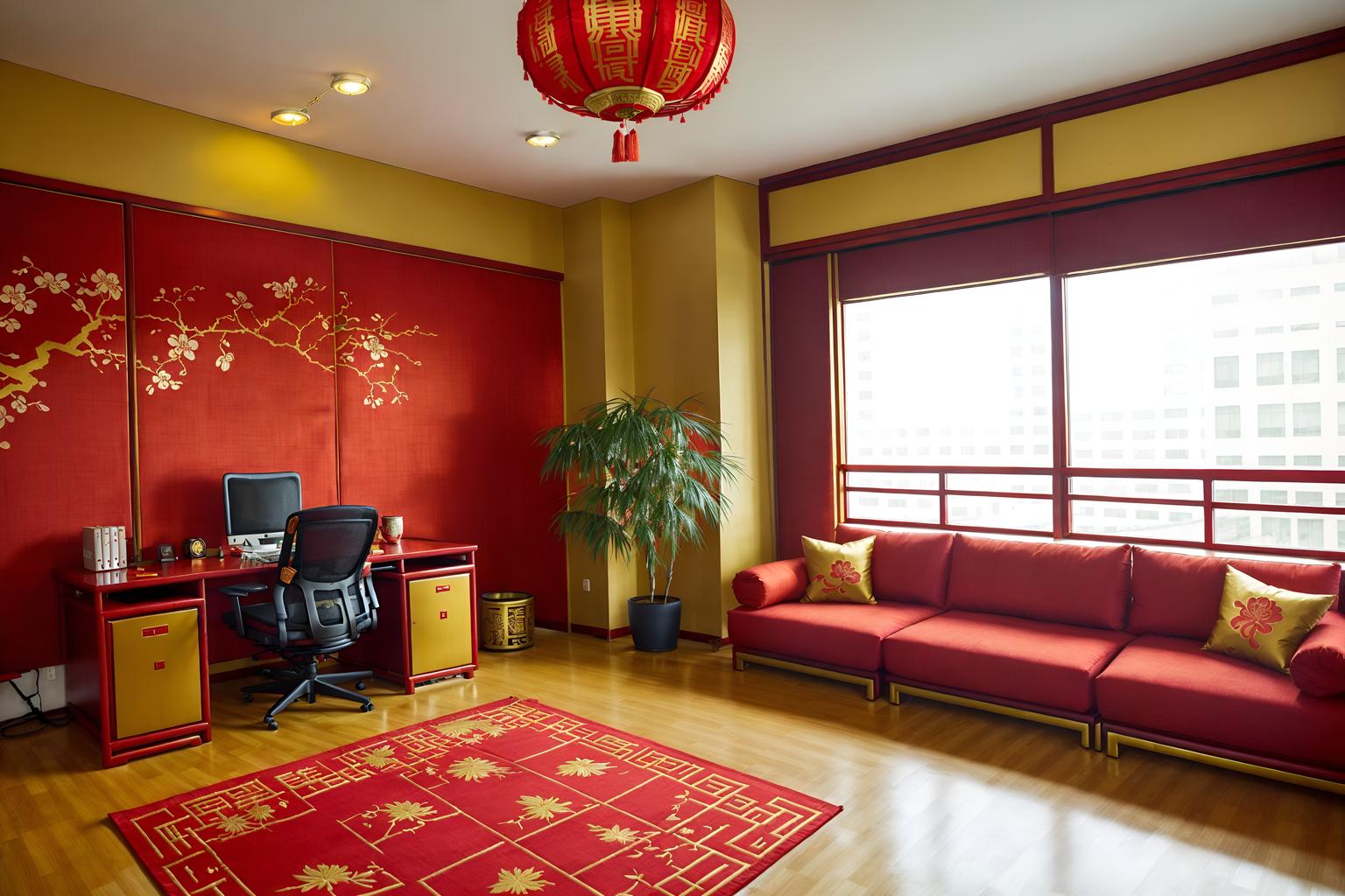 chinese new year-style (office interior) with office chairs and seating area with sofa and windows and cabinets and lounge chairs and office desks and desk lamps and computer desks. . with paper firecrackers and red and gold tassels and red fabric & pillows and red and gold candles and zodiac calendar and vases of plum blossoms and orchids and orange trees and gold ingots. . cinematic photo, highly detailed, cinematic lighting, ultra-detailed, ultrarealistic, photorealism, 8k. chinese new year interior design style. masterpiece, cinematic light, ultrarealistic+, photorealistic+, 8k, raw photo, realistic, sharp focus on eyes, (symmetrical eyes), (intact eyes), hyperrealistic, highest quality, best quality, , highly detailed, masterpiece, best quality, extremely detailed 8k wallpaper, masterpiece, best quality, ultra-detailed, best shadow, detailed background, detailed face, detailed eyes, high contrast, best illumination, detailed face, dulux, caustic, dynamic angle, detailed glow. dramatic lighting. highly detailed, insanely detailed hair, symmetrical, intricate details, professionally retouched, 8k high definition. strong bokeh. award winning photo.