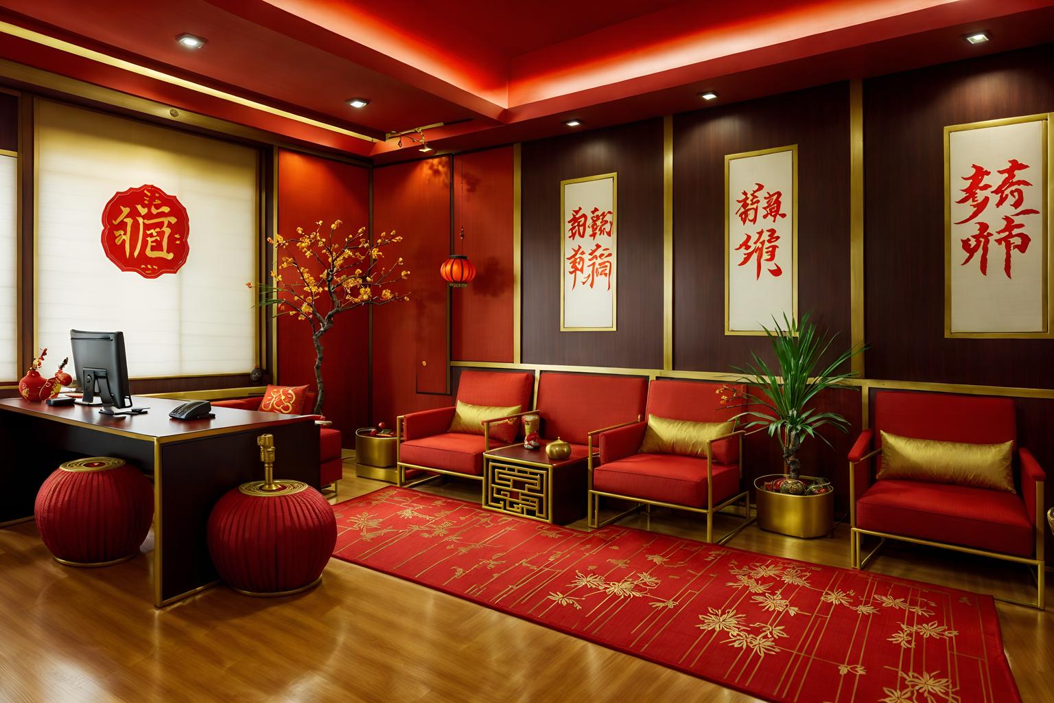 chinese new year-style (office interior) with office chairs and seating area with sofa and windows and cabinets and lounge chairs and office desks and desk lamps and computer desks. . with paper firecrackers and red and gold tassels and red fabric & pillows and red and gold candles and zodiac calendar and vases of plum blossoms and orchids and orange trees and gold ingots. . cinematic photo, highly detailed, cinematic lighting, ultra-detailed, ultrarealistic, photorealism, 8k. chinese new year interior design style. masterpiece, cinematic light, ultrarealistic+, photorealistic+, 8k, raw photo, realistic, sharp focus on eyes, (symmetrical eyes), (intact eyes), hyperrealistic, highest quality, best quality, , highly detailed, masterpiece, best quality, extremely detailed 8k wallpaper, masterpiece, best quality, ultra-detailed, best shadow, detailed background, detailed face, detailed eyes, high contrast, best illumination, detailed face, dulux, caustic, dynamic angle, detailed glow. dramatic lighting. highly detailed, insanely detailed hair, symmetrical, intricate details, professionally retouched, 8k high definition. strong bokeh. award winning photo.