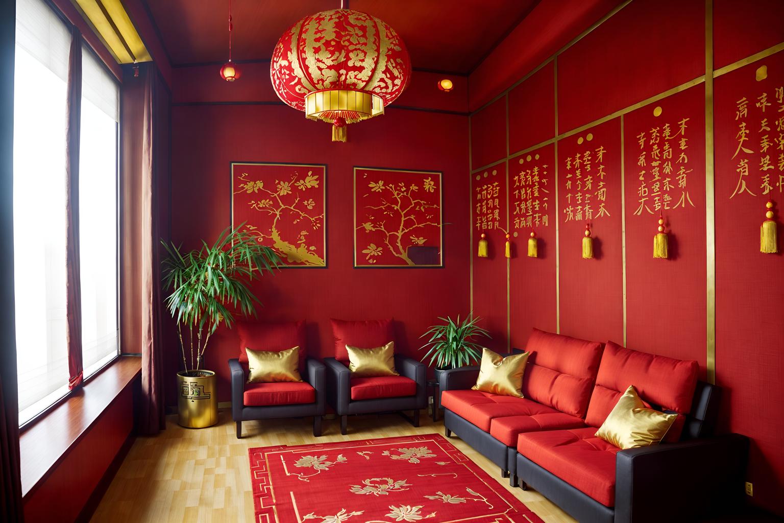 chinese new year-style (office interior) with office chairs and seating area with sofa and windows and cabinets and lounge chairs and office desks and desk lamps and computer desks. . with paper firecrackers and red and gold tassels and red fabric & pillows and red and gold candles and zodiac calendar and vases of plum blossoms and orchids and orange trees and gold ingots. . cinematic photo, highly detailed, cinematic lighting, ultra-detailed, ultrarealistic, photorealism, 8k. chinese new year interior design style. masterpiece, cinematic light, ultrarealistic+, photorealistic+, 8k, raw photo, realistic, sharp focus on eyes, (symmetrical eyes), (intact eyes), hyperrealistic, highest quality, best quality, , highly detailed, masterpiece, best quality, extremely detailed 8k wallpaper, masterpiece, best quality, ultra-detailed, best shadow, detailed background, detailed face, detailed eyes, high contrast, best illumination, detailed face, dulux, caustic, dynamic angle, detailed glow. dramatic lighting. highly detailed, insanely detailed hair, symmetrical, intricate details, professionally retouched, 8k high definition. strong bokeh. award winning photo.