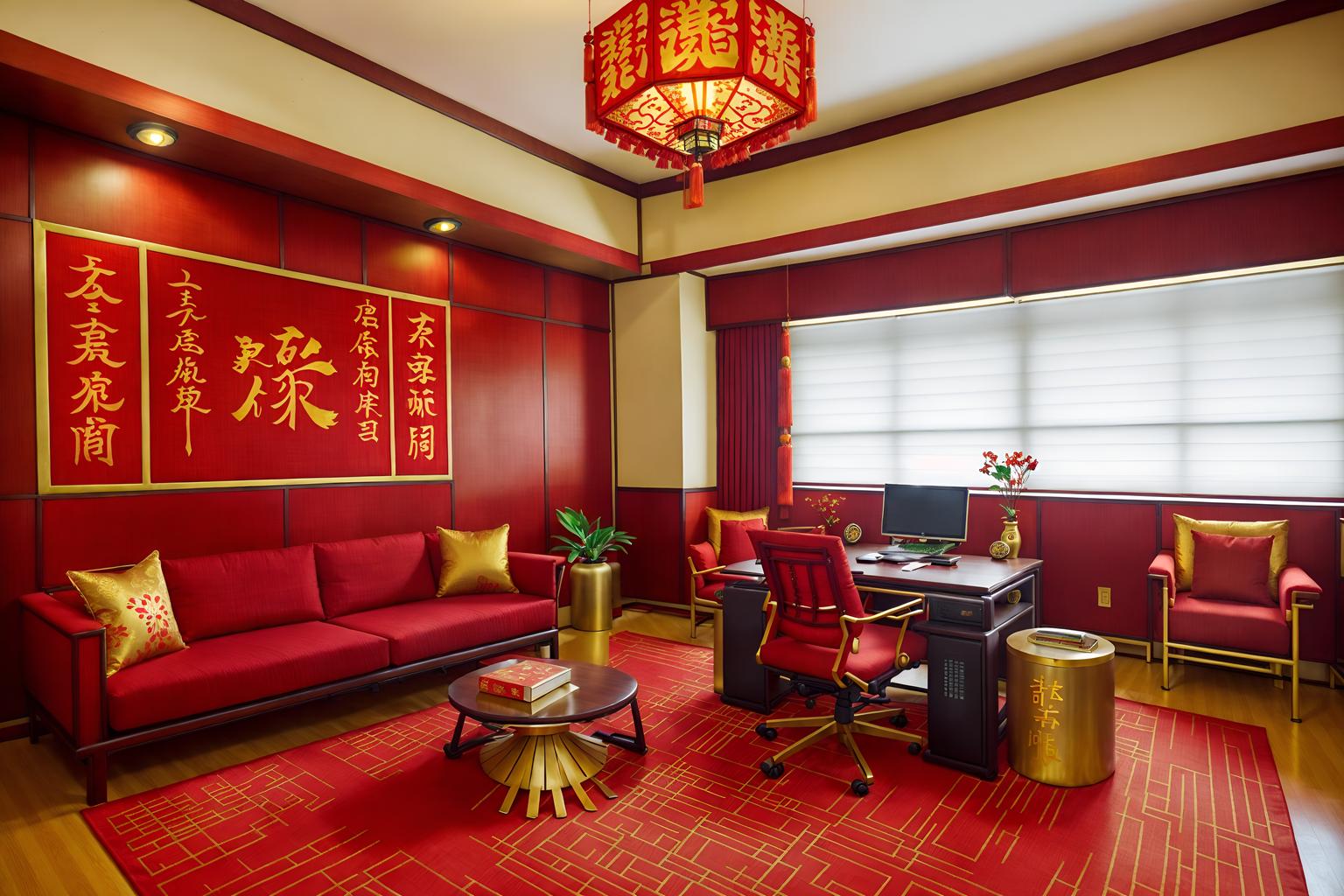 chinese new year-style (office interior) with office chairs and seating area with sofa and windows and cabinets and lounge chairs and office desks and desk lamps and computer desks. . with paper firecrackers and red and gold tassels and red fabric & pillows and red and gold candles and zodiac calendar and vases of plum blossoms and orchids and orange trees and gold ingots. . cinematic photo, highly detailed, cinematic lighting, ultra-detailed, ultrarealistic, photorealism, 8k. chinese new year interior design style. masterpiece, cinematic light, ultrarealistic+, photorealistic+, 8k, raw photo, realistic, sharp focus on eyes, (symmetrical eyes), (intact eyes), hyperrealistic, highest quality, best quality, , highly detailed, masterpiece, best quality, extremely detailed 8k wallpaper, masterpiece, best quality, ultra-detailed, best shadow, detailed background, detailed face, detailed eyes, high contrast, best illumination, detailed face, dulux, caustic, dynamic angle, detailed glow. dramatic lighting. highly detailed, insanely detailed hair, symmetrical, intricate details, professionally retouched, 8k high definition. strong bokeh. award winning photo.