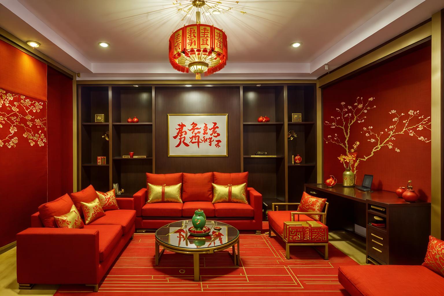 chinese new year-style (office interior) with office chairs and seating area with sofa and windows and cabinets and lounge chairs and office desks and desk lamps and computer desks. . with paper firecrackers and red and gold tassels and red fabric & pillows and red and gold candles and zodiac calendar and vases of plum blossoms and orchids and orange trees and gold ingots. . cinematic photo, highly detailed, cinematic lighting, ultra-detailed, ultrarealistic, photorealism, 8k. chinese new year interior design style. masterpiece, cinematic light, ultrarealistic+, photorealistic+, 8k, raw photo, realistic, sharp focus on eyes, (symmetrical eyes), (intact eyes), hyperrealistic, highest quality, best quality, , highly detailed, masterpiece, best quality, extremely detailed 8k wallpaper, masterpiece, best quality, ultra-detailed, best shadow, detailed background, detailed face, detailed eyes, high contrast, best illumination, detailed face, dulux, caustic, dynamic angle, detailed glow. dramatic lighting. highly detailed, insanely detailed hair, symmetrical, intricate details, professionally retouched, 8k high definition. strong bokeh. award winning photo.