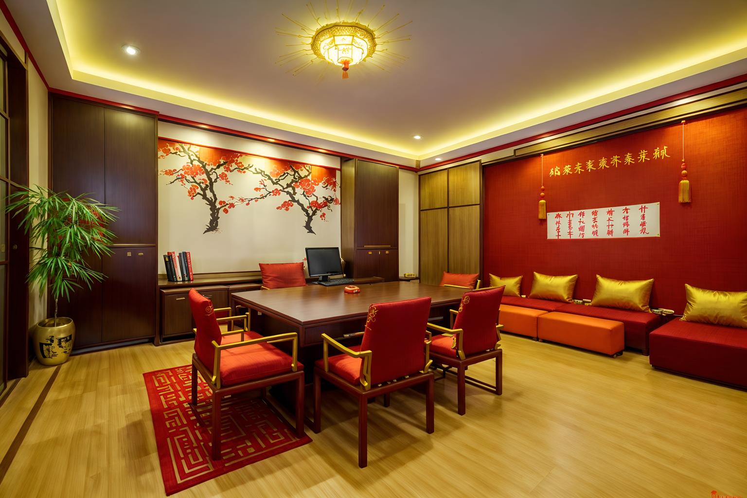 chinese new year-style (office interior) with office chairs and seating area with sofa and windows and cabinets and lounge chairs and office desks and desk lamps and computer desks. . with paper firecrackers and red and gold tassels and red fabric & pillows and red and gold candles and zodiac calendar and vases of plum blossoms and orchids and orange trees and gold ingots. . cinematic photo, highly detailed, cinematic lighting, ultra-detailed, ultrarealistic, photorealism, 8k. chinese new year interior design style. masterpiece, cinematic light, ultrarealistic+, photorealistic+, 8k, raw photo, realistic, sharp focus on eyes, (symmetrical eyes), (intact eyes), hyperrealistic, highest quality, best quality, , highly detailed, masterpiece, best quality, extremely detailed 8k wallpaper, masterpiece, best quality, ultra-detailed, best shadow, detailed background, detailed face, detailed eyes, high contrast, best illumination, detailed face, dulux, caustic, dynamic angle, detailed glow. dramatic lighting. highly detailed, insanely detailed hair, symmetrical, intricate details, professionally retouched, 8k high definition. strong bokeh. award winning photo.