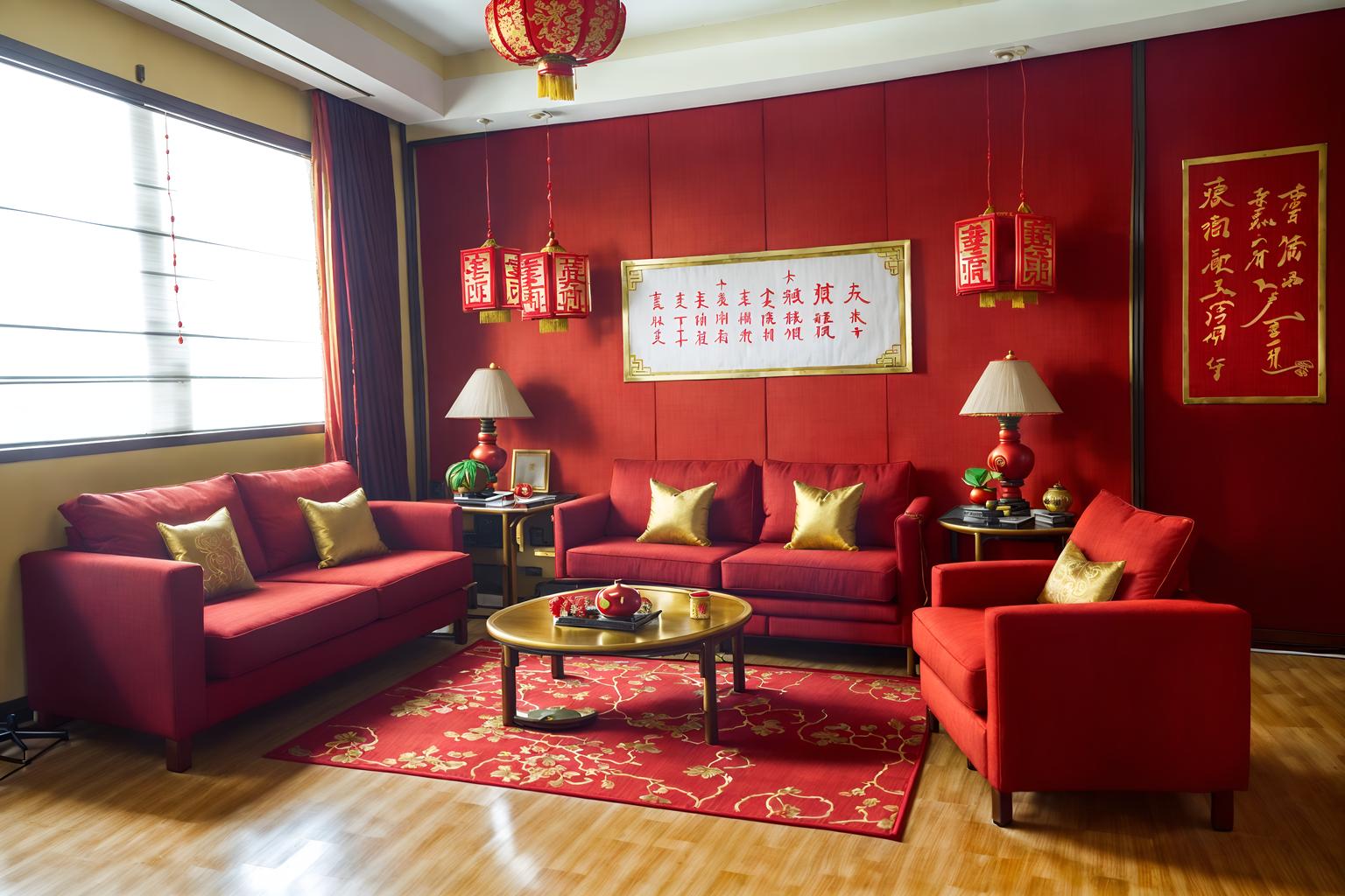 chinese new year-style (office interior) with office chairs and seating area with sofa and windows and cabinets and lounge chairs and office desks and desk lamps and computer desks. . with paper firecrackers and red and gold tassels and red fabric & pillows and red and gold candles and zodiac calendar and vases of plum blossoms and orchids and orange trees and gold ingots. . cinematic photo, highly detailed, cinematic lighting, ultra-detailed, ultrarealistic, photorealism, 8k. chinese new year interior design style. masterpiece, cinematic light, ultrarealistic+, photorealistic+, 8k, raw photo, realistic, sharp focus on eyes, (symmetrical eyes), (intact eyes), hyperrealistic, highest quality, best quality, , highly detailed, masterpiece, best quality, extremely detailed 8k wallpaper, masterpiece, best quality, ultra-detailed, best shadow, detailed background, detailed face, detailed eyes, high contrast, best illumination, detailed face, dulux, caustic, dynamic angle, detailed glow. dramatic lighting. highly detailed, insanely detailed hair, symmetrical, intricate details, professionally retouched, 8k high definition. strong bokeh. award winning photo.