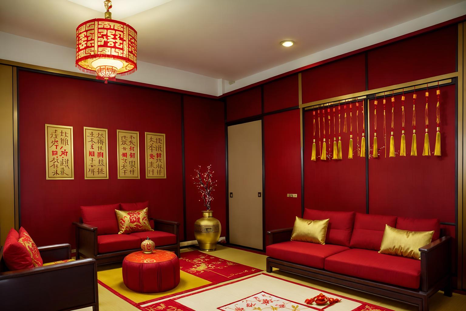 chinese new year-style (office interior) with office chairs and seating area with sofa and windows and cabinets and lounge chairs and office desks and desk lamps and computer desks. . with paper firecrackers and red and gold tassels and red fabric & pillows and red and gold candles and zodiac calendar and vases of plum blossoms and orchids and orange trees and gold ingots. . cinematic photo, highly detailed, cinematic lighting, ultra-detailed, ultrarealistic, photorealism, 8k. chinese new year interior design style. masterpiece, cinematic light, ultrarealistic+, photorealistic+, 8k, raw photo, realistic, sharp focus on eyes, (symmetrical eyes), (intact eyes), hyperrealistic, highest quality, best quality, , highly detailed, masterpiece, best quality, extremely detailed 8k wallpaper, masterpiece, best quality, ultra-detailed, best shadow, detailed background, detailed face, detailed eyes, high contrast, best illumination, detailed face, dulux, caustic, dynamic angle, detailed glow. dramatic lighting. highly detailed, insanely detailed hair, symmetrical, intricate details, professionally retouched, 8k high definition. strong bokeh. award winning photo.