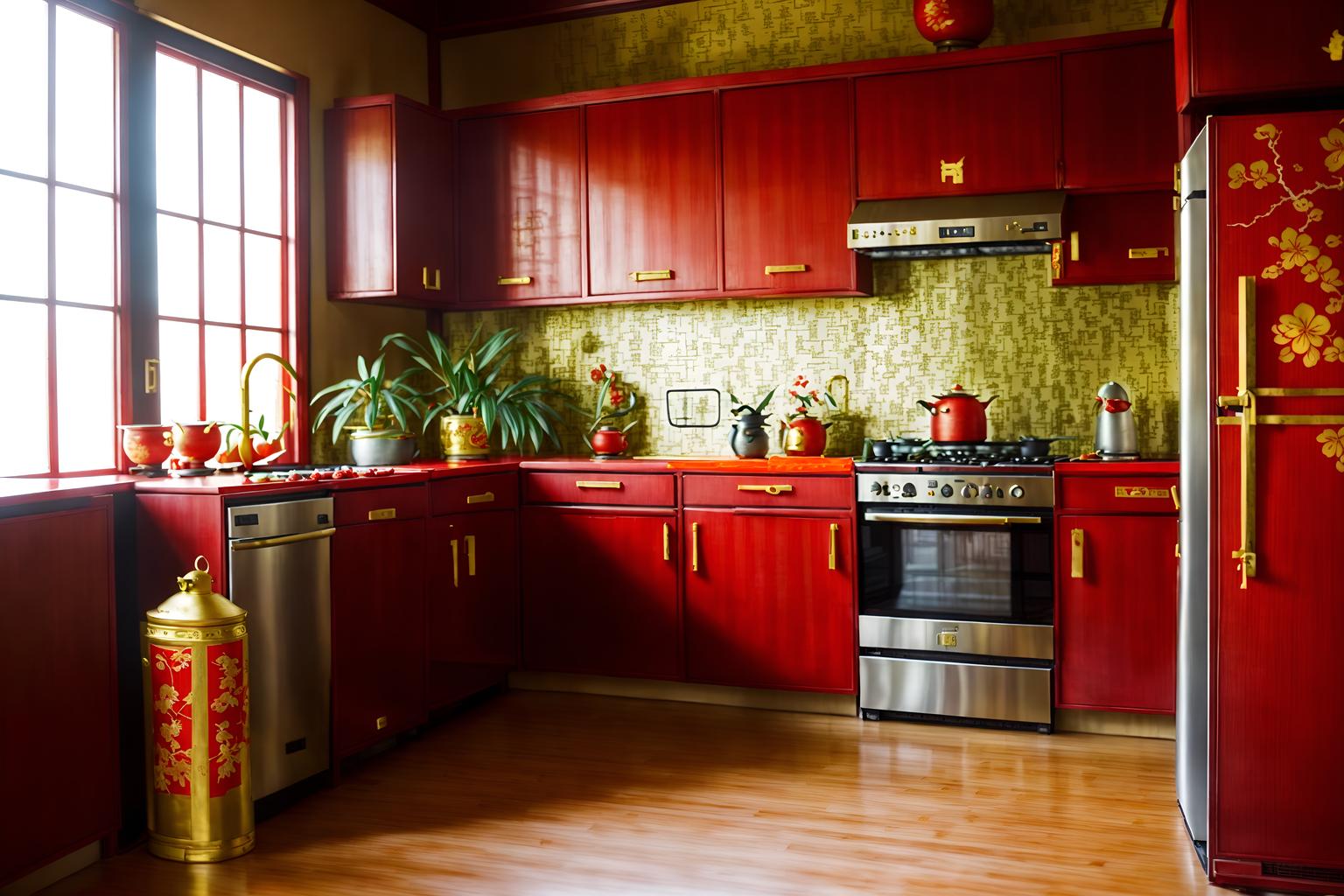 chinese new year-style (kitchen interior) with plant and kitchen cabinets and refrigerator and stove and sink and worktops and plant. . with gold ingots and kumquat trees and paper firecrackers and vases of plum blossoms and orchids and door couplets and red fabric & pillows and chinese knots and chinese red lanterns. . cinematic photo, highly detailed, cinematic lighting, ultra-detailed, ultrarealistic, photorealism, 8k. chinese new year interior design style. masterpiece, cinematic light, ultrarealistic+, photorealistic+, 8k, raw photo, realistic, sharp focus on eyes, (symmetrical eyes), (intact eyes), hyperrealistic, highest quality, best quality, , highly detailed, masterpiece, best quality, extremely detailed 8k wallpaper, masterpiece, best quality, ultra-detailed, best shadow, detailed background, detailed face, detailed eyes, high contrast, best illumination, detailed face, dulux, caustic, dynamic angle, detailed glow. dramatic lighting. highly detailed, insanely detailed hair, symmetrical, intricate details, professionally retouched, 8k high definition. strong bokeh. award winning photo.