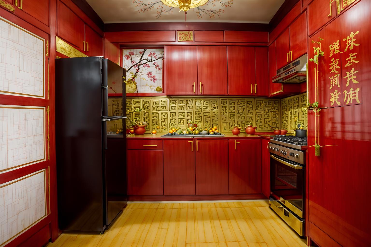 chinese new year-style (kitchen interior) with plant and kitchen cabinets and refrigerator and stove and sink and worktops and plant. . with gold ingots and kumquat trees and paper firecrackers and vases of plum blossoms and orchids and door couplets and red fabric & pillows and chinese knots and chinese red lanterns. . cinematic photo, highly detailed, cinematic lighting, ultra-detailed, ultrarealistic, photorealism, 8k. chinese new year interior design style. masterpiece, cinematic light, ultrarealistic+, photorealistic+, 8k, raw photo, realistic, sharp focus on eyes, (symmetrical eyes), (intact eyes), hyperrealistic, highest quality, best quality, , highly detailed, masterpiece, best quality, extremely detailed 8k wallpaper, masterpiece, best quality, ultra-detailed, best shadow, detailed background, detailed face, detailed eyes, high contrast, best illumination, detailed face, dulux, caustic, dynamic angle, detailed glow. dramatic lighting. highly detailed, insanely detailed hair, symmetrical, intricate details, professionally retouched, 8k high definition. strong bokeh. award winning photo.