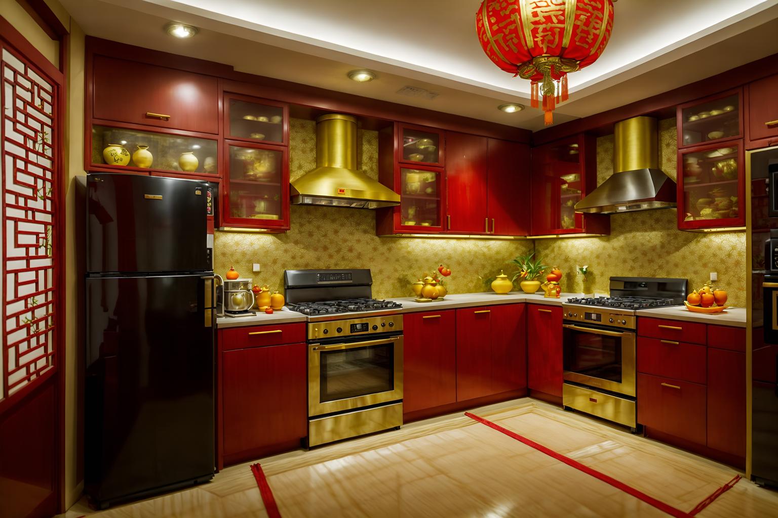chinese new year-style (kitchen interior) with plant and kitchen cabinets and refrigerator and stove and sink and worktops and plant. . with gold ingots and kumquat trees and paper firecrackers and vases of plum blossoms and orchids and door couplets and red fabric & pillows and chinese knots and chinese red lanterns. . cinematic photo, highly detailed, cinematic lighting, ultra-detailed, ultrarealistic, photorealism, 8k. chinese new year interior design style. masterpiece, cinematic light, ultrarealistic+, photorealistic+, 8k, raw photo, realistic, sharp focus on eyes, (symmetrical eyes), (intact eyes), hyperrealistic, highest quality, best quality, , highly detailed, masterpiece, best quality, extremely detailed 8k wallpaper, masterpiece, best quality, ultra-detailed, best shadow, detailed background, detailed face, detailed eyes, high contrast, best illumination, detailed face, dulux, caustic, dynamic angle, detailed glow. dramatic lighting. highly detailed, insanely detailed hair, symmetrical, intricate details, professionally retouched, 8k high definition. strong bokeh. award winning photo.