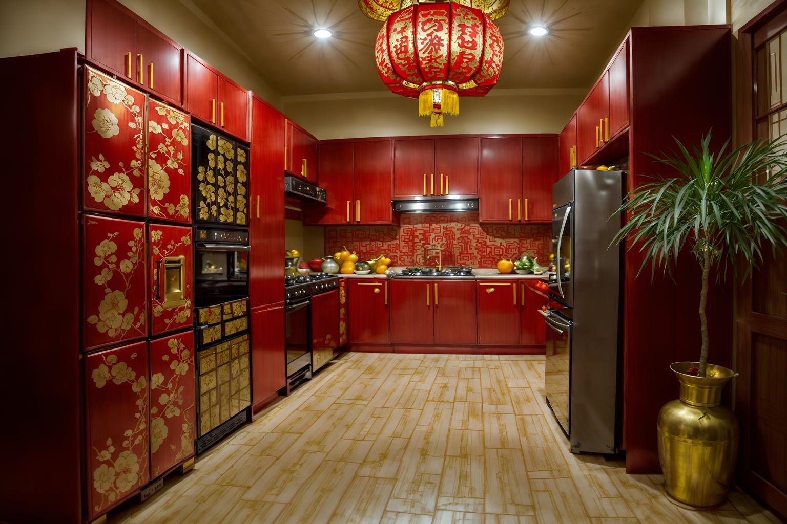 chinese new year-style (kitchen interior) with plant and kitchen cabinets and refrigerator and stove and sink and worktops and plant. . with gold ingots and kumquat trees and paper firecrackers and vases of plum blossoms and orchids and door couplets and red fabric & pillows and chinese knots and chinese red lanterns. . cinematic photo, highly detailed, cinematic lighting, ultra-detailed, ultrarealistic, photorealism, 8k. chinese new year interior design style. masterpiece, cinematic light, ultrarealistic+, photorealistic+, 8k, raw photo, realistic, sharp focus on eyes, (symmetrical eyes), (intact eyes), hyperrealistic, highest quality, best quality, , highly detailed, masterpiece, best quality, extremely detailed 8k wallpaper, masterpiece, best quality, ultra-detailed, best shadow, detailed background, detailed face, detailed eyes, high contrast, best illumination, detailed face, dulux, caustic, dynamic angle, detailed glow. dramatic lighting. highly detailed, insanely detailed hair, symmetrical, intricate details, professionally retouched, 8k high definition. strong bokeh. award winning photo.