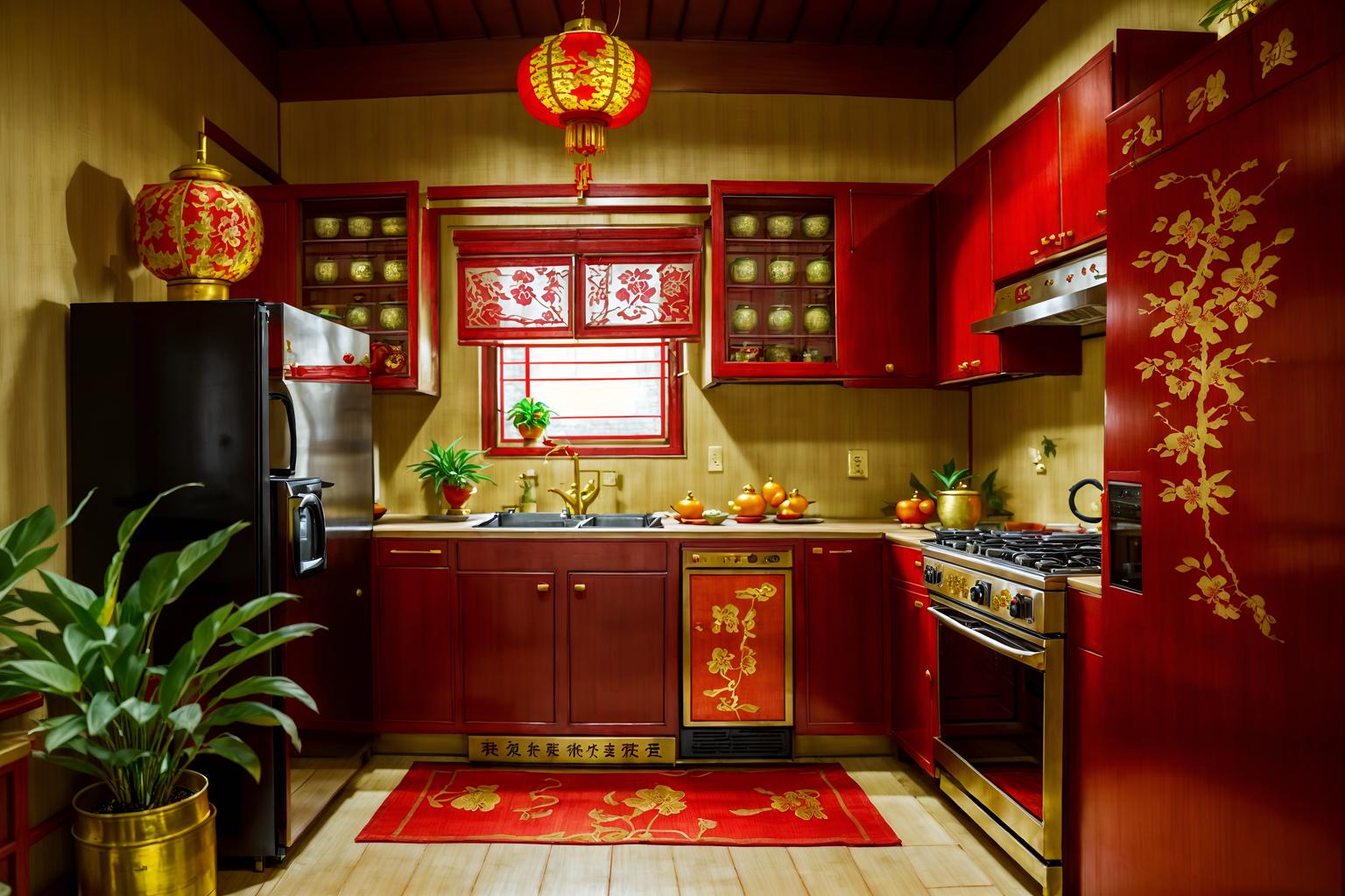 chinese new year-style (kitchen interior) with plant and kitchen cabinets and refrigerator and stove and sink and worktops and plant. . with gold ingots and kumquat trees and paper firecrackers and vases of plum blossoms and orchids and door couplets and red fabric & pillows and chinese knots and chinese red lanterns. . cinematic photo, highly detailed, cinematic lighting, ultra-detailed, ultrarealistic, photorealism, 8k. chinese new year interior design style. masterpiece, cinematic light, ultrarealistic+, photorealistic+, 8k, raw photo, realistic, sharp focus on eyes, (symmetrical eyes), (intact eyes), hyperrealistic, highest quality, best quality, , highly detailed, masterpiece, best quality, extremely detailed 8k wallpaper, masterpiece, best quality, ultra-detailed, best shadow, detailed background, detailed face, detailed eyes, high contrast, best illumination, detailed face, dulux, caustic, dynamic angle, detailed glow. dramatic lighting. highly detailed, insanely detailed hair, symmetrical, intricate details, professionally retouched, 8k high definition. strong bokeh. award winning photo.