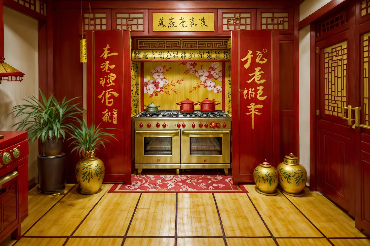 chinese new year-style (kitchen interior) with plant and kitchen cabinets and refrigerator and stove and sink and worktops and plant. . with gold ingots and kumquat trees and paper firecrackers and vases of plum blossoms and orchids and door couplets and red fabric & pillows and chinese knots and chinese red lanterns. . cinematic photo, highly detailed, cinematic lighting, ultra-detailed, ultrarealistic, photorealism, 8k. chinese new year interior design style. masterpiece, cinematic light, ultrarealistic+, photorealistic+, 8k, raw photo, realistic, sharp focus on eyes, (symmetrical eyes), (intact eyes), hyperrealistic, highest quality, best quality, , highly detailed, masterpiece, best quality, extremely detailed 8k wallpaper, masterpiece, best quality, ultra-detailed, best shadow, detailed background, detailed face, detailed eyes, high contrast, best illumination, detailed face, dulux, caustic, dynamic angle, detailed glow. dramatic lighting. highly detailed, insanely detailed hair, symmetrical, intricate details, professionally retouched, 8k high definition. strong bokeh. award winning photo.