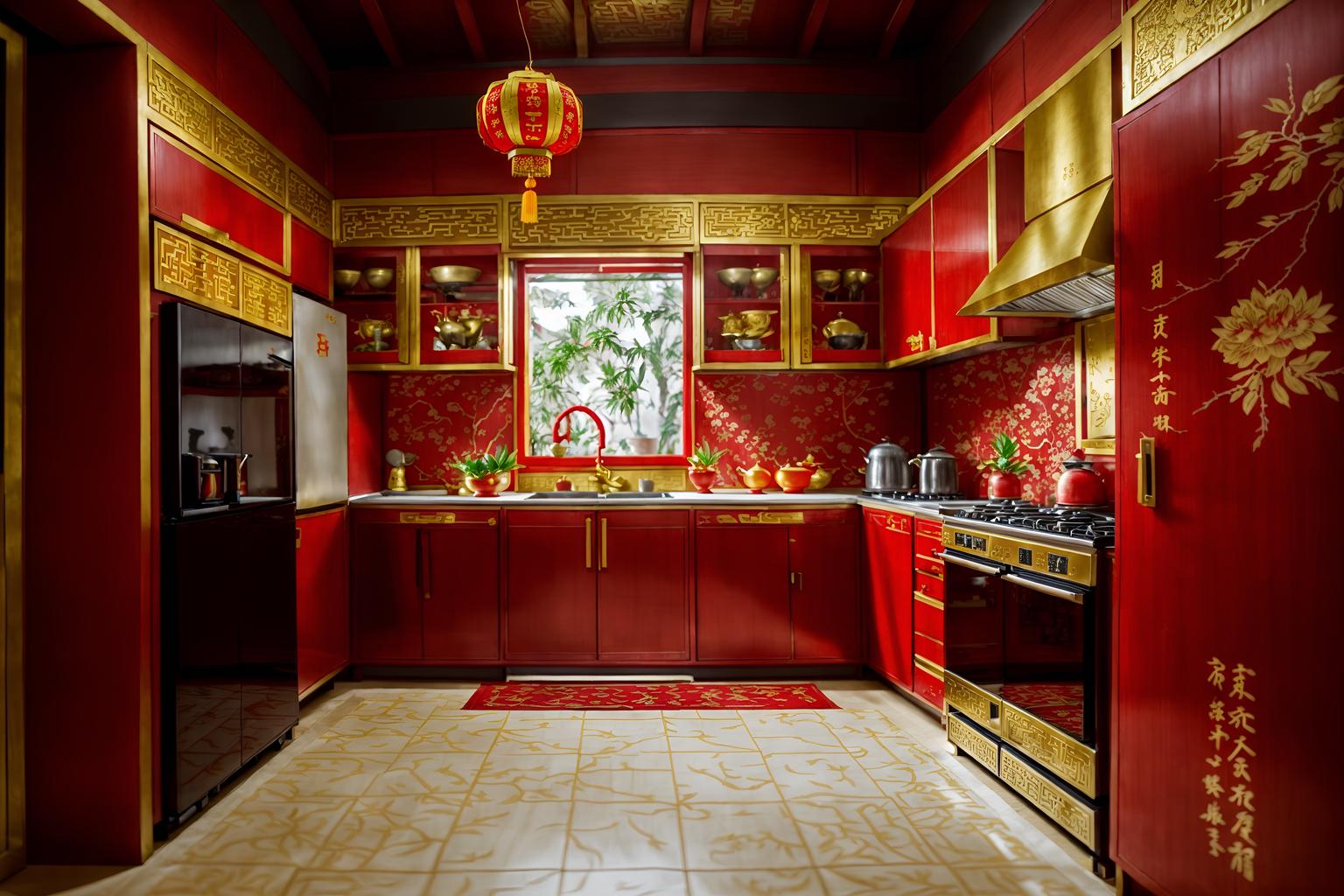 chinese new year-style (kitchen interior) with plant and kitchen cabinets and refrigerator and stove and sink and worktops and plant. . with gold ingots and kumquat trees and paper firecrackers and vases of plum blossoms and orchids and door couplets and red fabric & pillows and chinese knots and chinese red lanterns. . cinematic photo, highly detailed, cinematic lighting, ultra-detailed, ultrarealistic, photorealism, 8k. chinese new year interior design style. masterpiece, cinematic light, ultrarealistic+, photorealistic+, 8k, raw photo, realistic, sharp focus on eyes, (symmetrical eyes), (intact eyes), hyperrealistic, highest quality, best quality, , highly detailed, masterpiece, best quality, extremely detailed 8k wallpaper, masterpiece, best quality, ultra-detailed, best shadow, detailed background, detailed face, detailed eyes, high contrast, best illumination, detailed face, dulux, caustic, dynamic angle, detailed glow. dramatic lighting. highly detailed, insanely detailed hair, symmetrical, intricate details, professionally retouched, 8k high definition. strong bokeh. award winning photo.