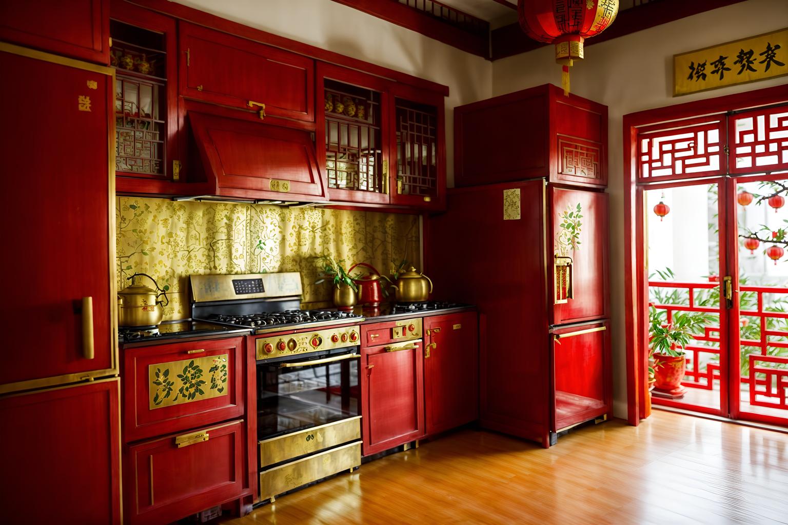 chinese new year-style (kitchen interior) with plant and kitchen cabinets and refrigerator and stove and sink and worktops and plant. . with gold ingots and kumquat trees and paper firecrackers and vases of plum blossoms and orchids and door couplets and red fabric & pillows and chinese knots and chinese red lanterns. . cinematic photo, highly detailed, cinematic lighting, ultra-detailed, ultrarealistic, photorealism, 8k. chinese new year interior design style. masterpiece, cinematic light, ultrarealistic+, photorealistic+, 8k, raw photo, realistic, sharp focus on eyes, (symmetrical eyes), (intact eyes), hyperrealistic, highest quality, best quality, , highly detailed, masterpiece, best quality, extremely detailed 8k wallpaper, masterpiece, best quality, ultra-detailed, best shadow, detailed background, detailed face, detailed eyes, high contrast, best illumination, detailed face, dulux, caustic, dynamic angle, detailed glow. dramatic lighting. highly detailed, insanely detailed hair, symmetrical, intricate details, professionally retouched, 8k high definition. strong bokeh. award winning photo.