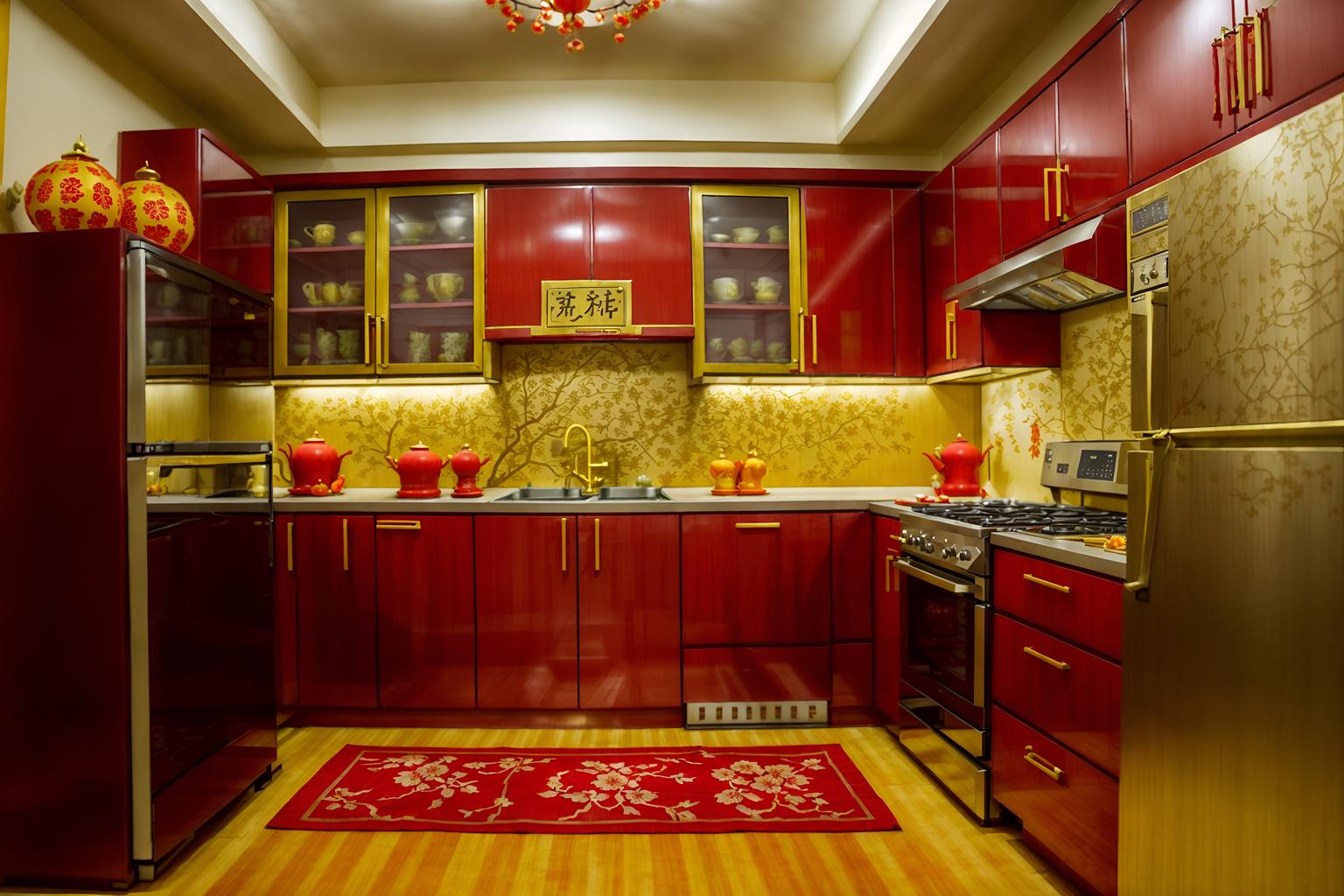 chinese new year-style (kitchen interior) with plant and kitchen cabinets and refrigerator and stove and sink and worktops and plant. . with gold ingots and kumquat trees and paper firecrackers and vases of plum blossoms and orchids and door couplets and red fabric & pillows and chinese knots and chinese red lanterns. . cinematic photo, highly detailed, cinematic lighting, ultra-detailed, ultrarealistic, photorealism, 8k. chinese new year interior design style. masterpiece, cinematic light, ultrarealistic+, photorealistic+, 8k, raw photo, realistic, sharp focus on eyes, (symmetrical eyes), (intact eyes), hyperrealistic, highest quality, best quality, , highly detailed, masterpiece, best quality, extremely detailed 8k wallpaper, masterpiece, best quality, ultra-detailed, best shadow, detailed background, detailed face, detailed eyes, high contrast, best illumination, detailed face, dulux, caustic, dynamic angle, detailed glow. dramatic lighting. highly detailed, insanely detailed hair, symmetrical, intricate details, professionally retouched, 8k high definition. strong bokeh. award winning photo.