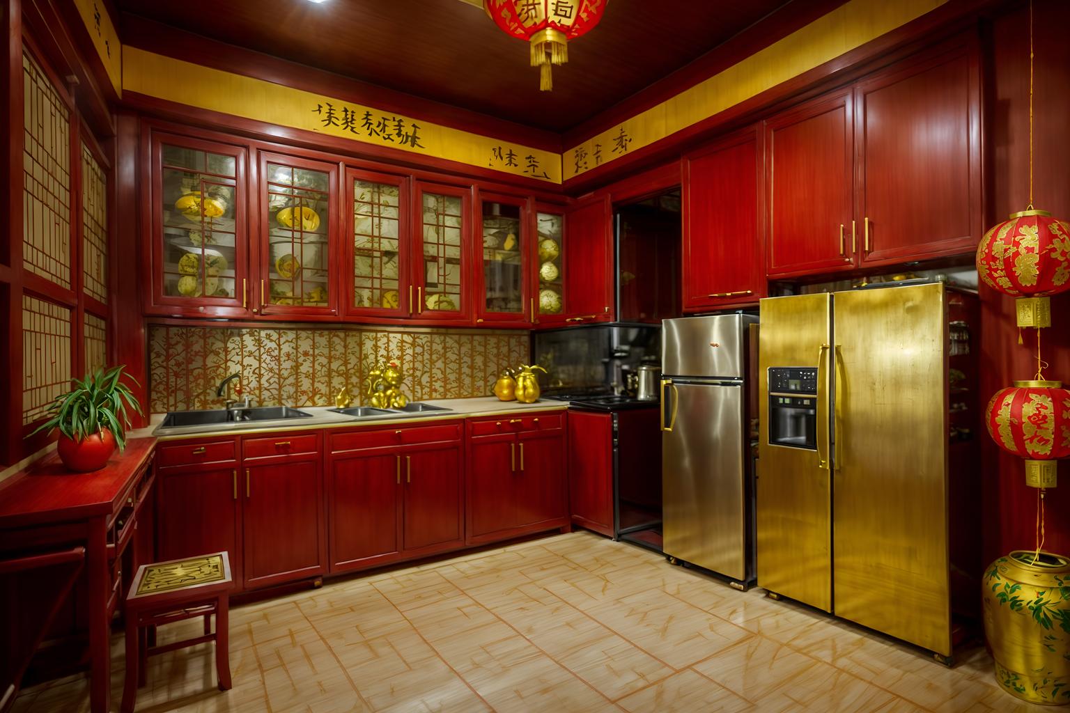 chinese new year-style (kitchen interior) with plant and kitchen cabinets and refrigerator and stove and sink and worktops and plant. . with gold ingots and kumquat trees and paper firecrackers and vases of plum blossoms and orchids and door couplets and red fabric & pillows and chinese knots and chinese red lanterns. . cinematic photo, highly detailed, cinematic lighting, ultra-detailed, ultrarealistic, photorealism, 8k. chinese new year interior design style. masterpiece, cinematic light, ultrarealistic+, photorealistic+, 8k, raw photo, realistic, sharp focus on eyes, (symmetrical eyes), (intact eyes), hyperrealistic, highest quality, best quality, , highly detailed, masterpiece, best quality, extremely detailed 8k wallpaper, masterpiece, best quality, ultra-detailed, best shadow, detailed background, detailed face, detailed eyes, high contrast, best illumination, detailed face, dulux, caustic, dynamic angle, detailed glow. dramatic lighting. highly detailed, insanely detailed hair, symmetrical, intricate details, professionally retouched, 8k high definition. strong bokeh. award winning photo.