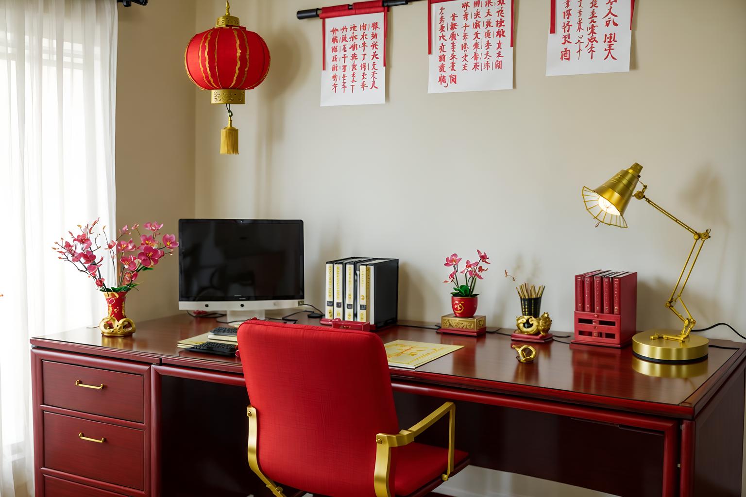 chinese new year-style (home office interior) with office chair and desk lamp and computer desk and cabinets and plant and office chair. . with fai chun banners and paper cuttings and mei hwa flowers and zodiac calendar and vases of plum blossoms and orchids and red and gold candles and gold ingots and chinese red lanterns. . cinematic photo, highly detailed, cinematic lighting, ultra-detailed, ultrarealistic, photorealism, 8k. chinese new year interior design style. masterpiece, cinematic light, ultrarealistic+, photorealistic+, 8k, raw photo, realistic, sharp focus on eyes, (symmetrical eyes), (intact eyes), hyperrealistic, highest quality, best quality, , highly detailed, masterpiece, best quality, extremely detailed 8k wallpaper, masterpiece, best quality, ultra-detailed, best shadow, detailed background, detailed face, detailed eyes, high contrast, best illumination, detailed face, dulux, caustic, dynamic angle, detailed glow. dramatic lighting. highly detailed, insanely detailed hair, symmetrical, intricate details, professionally retouched, 8k high definition. strong bokeh. award winning photo.