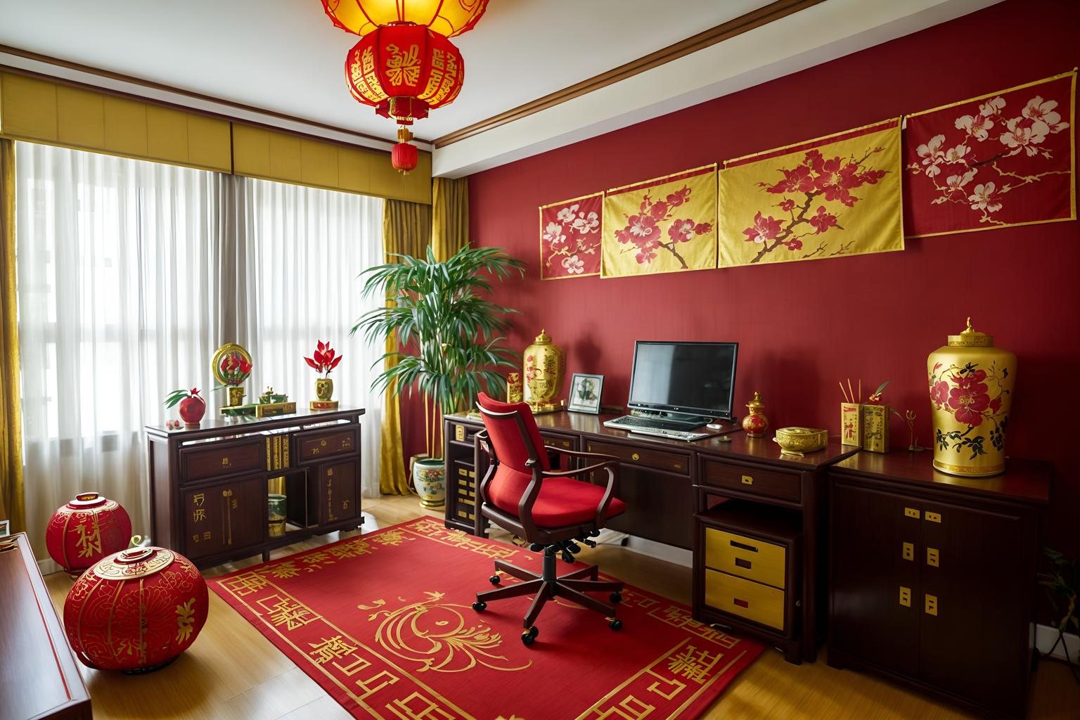 chinese new year-style (home office interior) with office chair and desk lamp and computer desk and cabinets and plant and office chair. . with fai chun banners and paper cuttings and mei hwa flowers and zodiac calendar and vases of plum blossoms and orchids and red and gold candles and gold ingots and chinese red lanterns. . cinematic photo, highly detailed, cinematic lighting, ultra-detailed, ultrarealistic, photorealism, 8k. chinese new year interior design style. masterpiece, cinematic light, ultrarealistic+, photorealistic+, 8k, raw photo, realistic, sharp focus on eyes, (symmetrical eyes), (intact eyes), hyperrealistic, highest quality, best quality, , highly detailed, masterpiece, best quality, extremely detailed 8k wallpaper, masterpiece, best quality, ultra-detailed, best shadow, detailed background, detailed face, detailed eyes, high contrast, best illumination, detailed face, dulux, caustic, dynamic angle, detailed glow. dramatic lighting. highly detailed, insanely detailed hair, symmetrical, intricate details, professionally retouched, 8k high definition. strong bokeh. award winning photo.