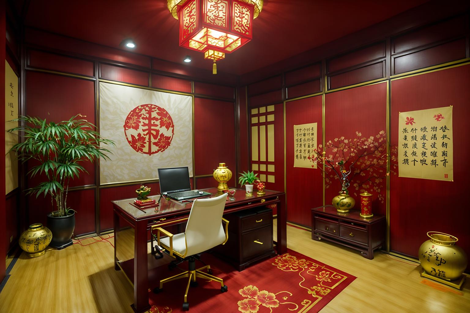 chinese new year-style (home office interior) with office chair and desk lamp and computer desk and cabinets and plant and office chair. . with fai chun banners and paper cuttings and mei hwa flowers and zodiac calendar and vases of plum blossoms and orchids and red and gold candles and gold ingots and chinese red lanterns. . cinematic photo, highly detailed, cinematic lighting, ultra-detailed, ultrarealistic, photorealism, 8k. chinese new year interior design style. masterpiece, cinematic light, ultrarealistic+, photorealistic+, 8k, raw photo, realistic, sharp focus on eyes, (symmetrical eyes), (intact eyes), hyperrealistic, highest quality, best quality, , highly detailed, masterpiece, best quality, extremely detailed 8k wallpaper, masterpiece, best quality, ultra-detailed, best shadow, detailed background, detailed face, detailed eyes, high contrast, best illumination, detailed face, dulux, caustic, dynamic angle, detailed glow. dramatic lighting. highly detailed, insanely detailed hair, symmetrical, intricate details, professionally retouched, 8k high definition. strong bokeh. award winning photo.