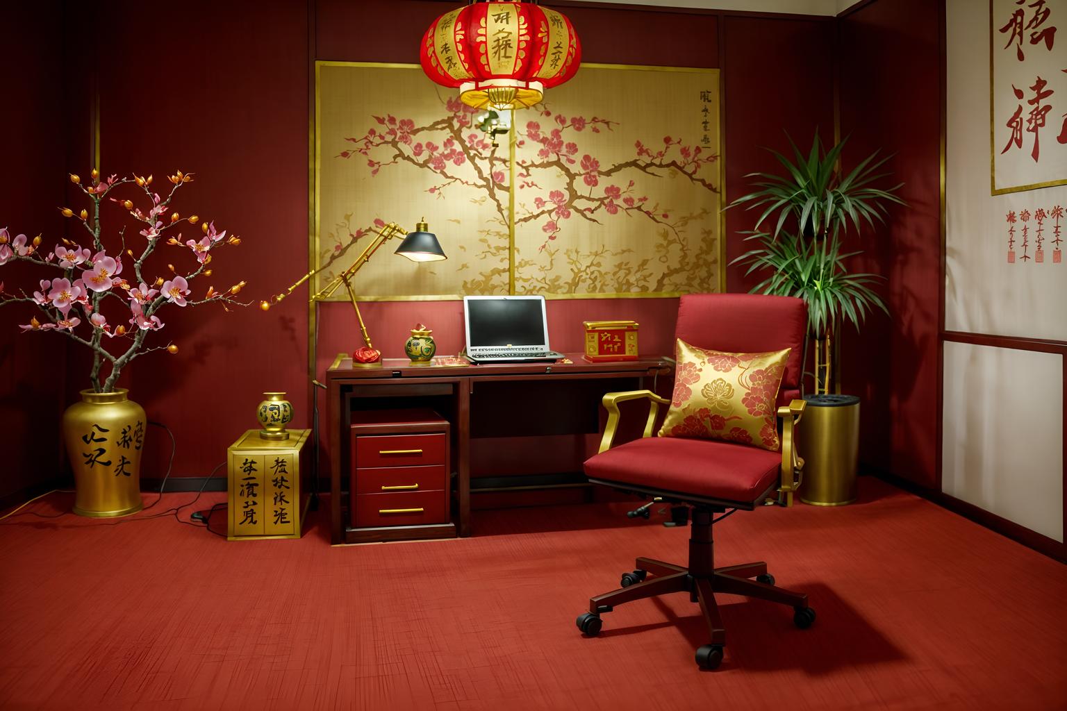 chinese new year-style (home office interior) with office chair and desk lamp and computer desk and cabinets and plant and office chair. . with fai chun banners and paper cuttings and mei hwa flowers and zodiac calendar and vases of plum blossoms and orchids and red and gold candles and gold ingots and chinese red lanterns. . cinematic photo, highly detailed, cinematic lighting, ultra-detailed, ultrarealistic, photorealism, 8k. chinese new year interior design style. masterpiece, cinematic light, ultrarealistic+, photorealistic+, 8k, raw photo, realistic, sharp focus on eyes, (symmetrical eyes), (intact eyes), hyperrealistic, highest quality, best quality, , highly detailed, masterpiece, best quality, extremely detailed 8k wallpaper, masterpiece, best quality, ultra-detailed, best shadow, detailed background, detailed face, detailed eyes, high contrast, best illumination, detailed face, dulux, caustic, dynamic angle, detailed glow. dramatic lighting. highly detailed, insanely detailed hair, symmetrical, intricate details, professionally retouched, 8k high definition. strong bokeh. award winning photo.