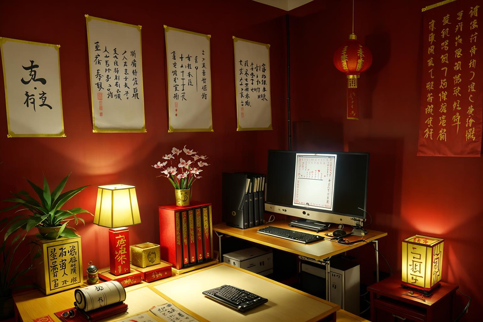 chinese new year-style (home office interior) with office chair and desk lamp and computer desk and cabinets and plant and office chair. . with fai chun banners and paper cuttings and mei hwa flowers and zodiac calendar and vases of plum blossoms and orchids and red and gold candles and gold ingots and chinese red lanterns. . cinematic photo, highly detailed, cinematic lighting, ultra-detailed, ultrarealistic, photorealism, 8k. chinese new year interior design style. masterpiece, cinematic light, ultrarealistic+, photorealistic+, 8k, raw photo, realistic, sharp focus on eyes, (symmetrical eyes), (intact eyes), hyperrealistic, highest quality, best quality, , highly detailed, masterpiece, best quality, extremely detailed 8k wallpaper, masterpiece, best quality, ultra-detailed, best shadow, detailed background, detailed face, detailed eyes, high contrast, best illumination, detailed face, dulux, caustic, dynamic angle, detailed glow. dramatic lighting. highly detailed, insanely detailed hair, symmetrical, intricate details, professionally retouched, 8k high definition. strong bokeh. award winning photo.