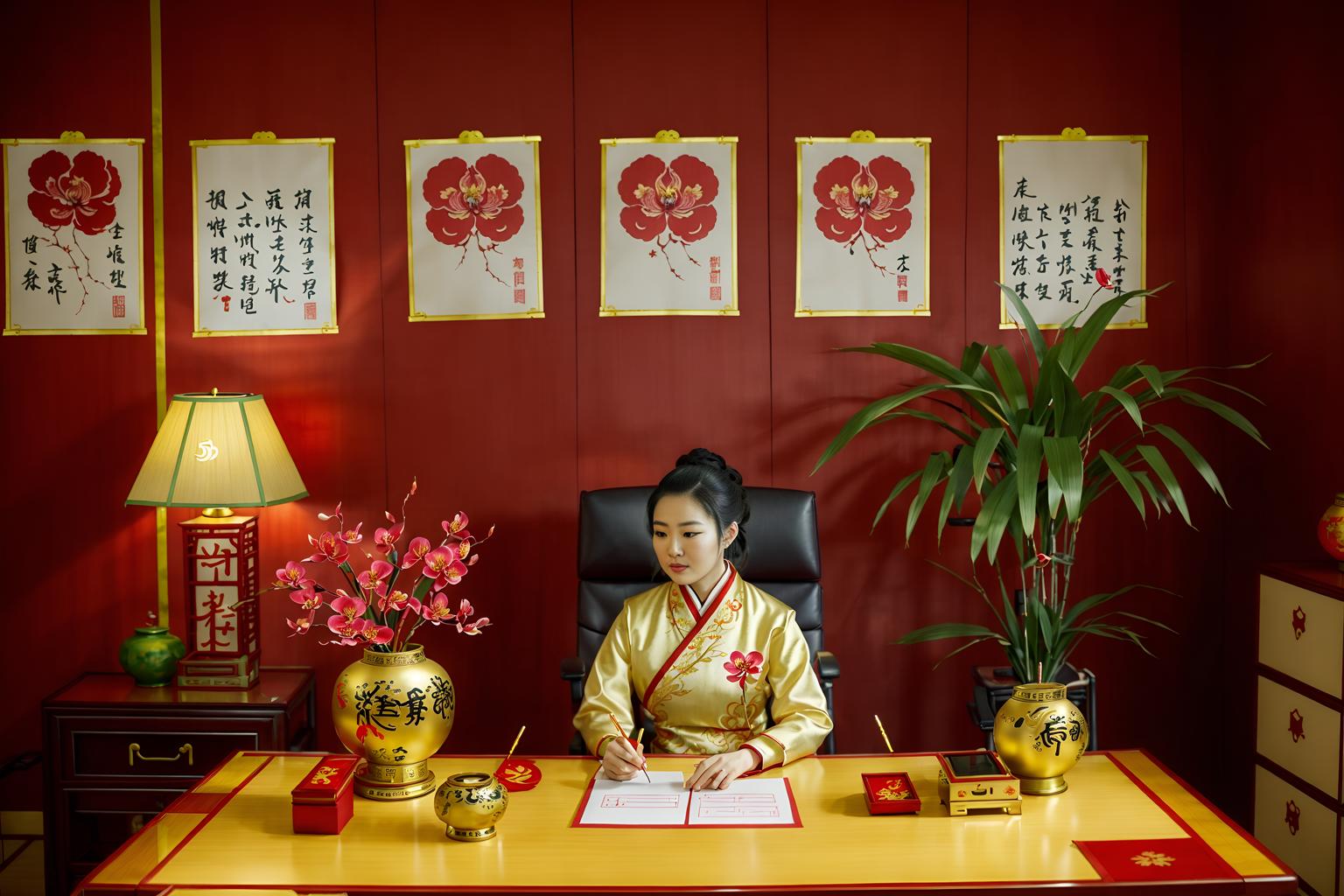 chinese new year-style (home office interior) with office chair and desk lamp and computer desk and cabinets and plant and office chair. . with fai chun banners and paper cuttings and mei hwa flowers and zodiac calendar and vases of plum blossoms and orchids and red and gold candles and gold ingots and chinese red lanterns. . cinematic photo, highly detailed, cinematic lighting, ultra-detailed, ultrarealistic, photorealism, 8k. chinese new year interior design style. masterpiece, cinematic light, ultrarealistic+, photorealistic+, 8k, raw photo, realistic, sharp focus on eyes, (symmetrical eyes), (intact eyes), hyperrealistic, highest quality, best quality, , highly detailed, masterpiece, best quality, extremely detailed 8k wallpaper, masterpiece, best quality, ultra-detailed, best shadow, detailed background, detailed face, detailed eyes, high contrast, best illumination, detailed face, dulux, caustic, dynamic angle, detailed glow. dramatic lighting. highly detailed, insanely detailed hair, symmetrical, intricate details, professionally retouched, 8k high definition. strong bokeh. award winning photo.