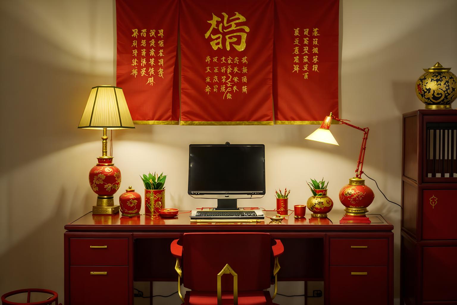 chinese new year-style (home office interior) with office chair and desk lamp and computer desk and cabinets and plant and office chair. . with fai chun banners and paper cuttings and mei hwa flowers and zodiac calendar and vases of plum blossoms and orchids and red and gold candles and gold ingots and chinese red lanterns. . cinematic photo, highly detailed, cinematic lighting, ultra-detailed, ultrarealistic, photorealism, 8k. chinese new year interior design style. masterpiece, cinematic light, ultrarealistic+, photorealistic+, 8k, raw photo, realistic, sharp focus on eyes, (symmetrical eyes), (intact eyes), hyperrealistic, highest quality, best quality, , highly detailed, masterpiece, best quality, extremely detailed 8k wallpaper, masterpiece, best quality, ultra-detailed, best shadow, detailed background, detailed face, detailed eyes, high contrast, best illumination, detailed face, dulux, caustic, dynamic angle, detailed glow. dramatic lighting. highly detailed, insanely detailed hair, symmetrical, intricate details, professionally retouched, 8k high definition. strong bokeh. award winning photo.