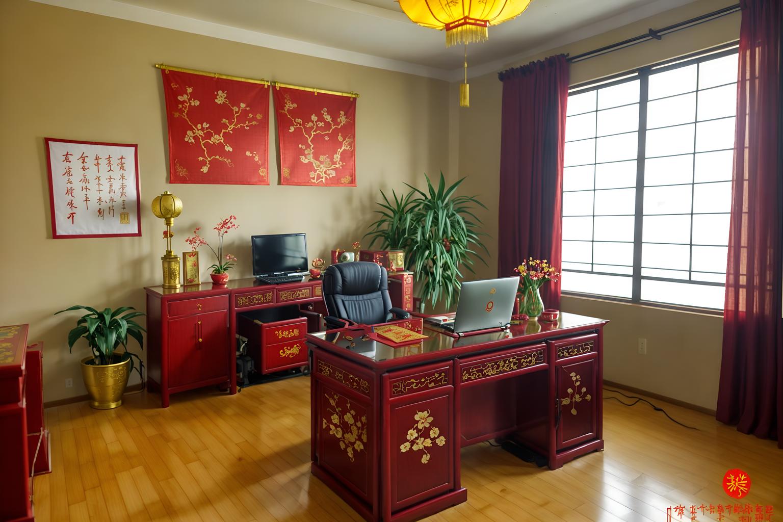 chinese new year-style (home office interior) with office chair and desk lamp and computer desk and cabinets and plant and office chair. . with fai chun banners and paper cuttings and mei hwa flowers and zodiac calendar and vases of plum blossoms and orchids and red and gold candles and gold ingots and chinese red lanterns. . cinematic photo, highly detailed, cinematic lighting, ultra-detailed, ultrarealistic, photorealism, 8k. chinese new year interior design style. masterpiece, cinematic light, ultrarealistic+, photorealistic+, 8k, raw photo, realistic, sharp focus on eyes, (symmetrical eyes), (intact eyes), hyperrealistic, highest quality, best quality, , highly detailed, masterpiece, best quality, extremely detailed 8k wallpaper, masterpiece, best quality, ultra-detailed, best shadow, detailed background, detailed face, detailed eyes, high contrast, best illumination, detailed face, dulux, caustic, dynamic angle, detailed glow. dramatic lighting. highly detailed, insanely detailed hair, symmetrical, intricate details, professionally retouched, 8k high definition. strong bokeh. award winning photo.