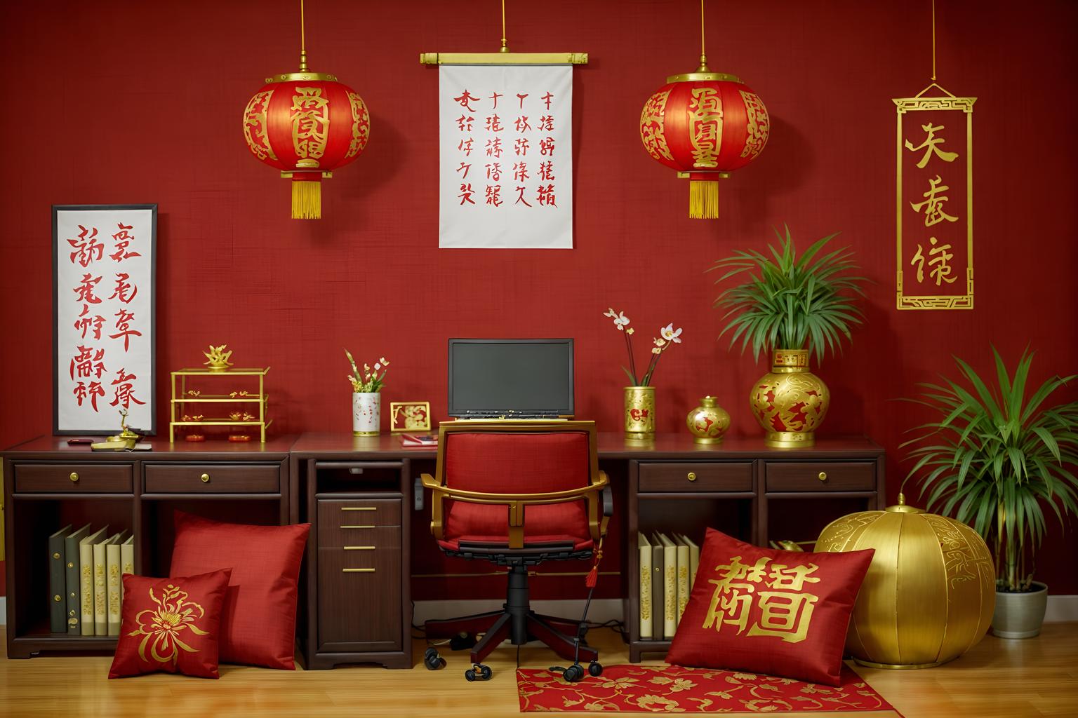 chinese new year-style (home office interior) with office chair and desk lamp and computer desk and cabinets and plant and office chair. . with fai chun banners and paper cuttings and mei hwa flowers and zodiac calendar and vases of plum blossoms and orchids and red and gold candles and gold ingots and chinese red lanterns. . cinematic photo, highly detailed, cinematic lighting, ultra-detailed, ultrarealistic, photorealism, 8k. chinese new year interior design style. masterpiece, cinematic light, ultrarealistic+, photorealistic+, 8k, raw photo, realistic, sharp focus on eyes, (symmetrical eyes), (intact eyes), hyperrealistic, highest quality, best quality, , highly detailed, masterpiece, best quality, extremely detailed 8k wallpaper, masterpiece, best quality, ultra-detailed, best shadow, detailed background, detailed face, detailed eyes, high contrast, best illumination, detailed face, dulux, caustic, dynamic angle, detailed glow. dramatic lighting. highly detailed, insanely detailed hair, symmetrical, intricate details, professionally retouched, 8k high definition. strong bokeh. award winning photo.