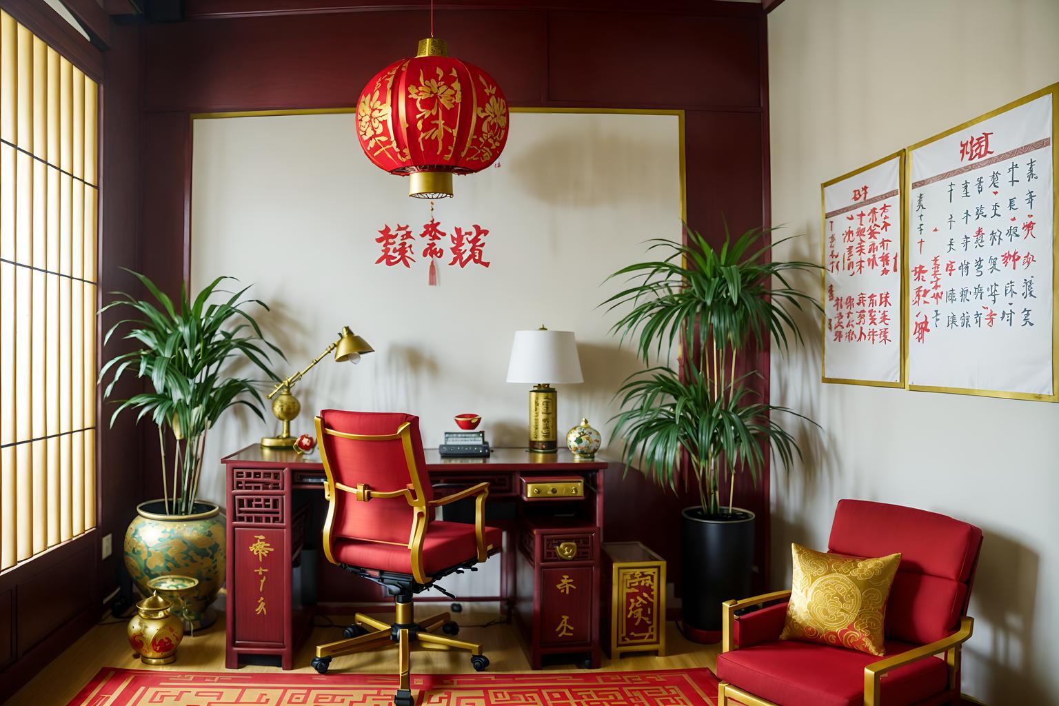 chinese new year-style (home office interior) with office chair and desk lamp and computer desk and cabinets and plant and office chair. . with fai chun banners and paper cuttings and mei hwa flowers and zodiac calendar and vases of plum blossoms and orchids and red and gold candles and gold ingots and chinese red lanterns. . cinematic photo, highly detailed, cinematic lighting, ultra-detailed, ultrarealistic, photorealism, 8k. chinese new year interior design style. masterpiece, cinematic light, ultrarealistic+, photorealistic+, 8k, raw photo, realistic, sharp focus on eyes, (symmetrical eyes), (intact eyes), hyperrealistic, highest quality, best quality, , highly detailed, masterpiece, best quality, extremely detailed 8k wallpaper, masterpiece, best quality, ultra-detailed, best shadow, detailed background, detailed face, detailed eyes, high contrast, best illumination, detailed face, dulux, caustic, dynamic angle, detailed glow. dramatic lighting. highly detailed, insanely detailed hair, symmetrical, intricate details, professionally retouched, 8k high definition. strong bokeh. award winning photo.