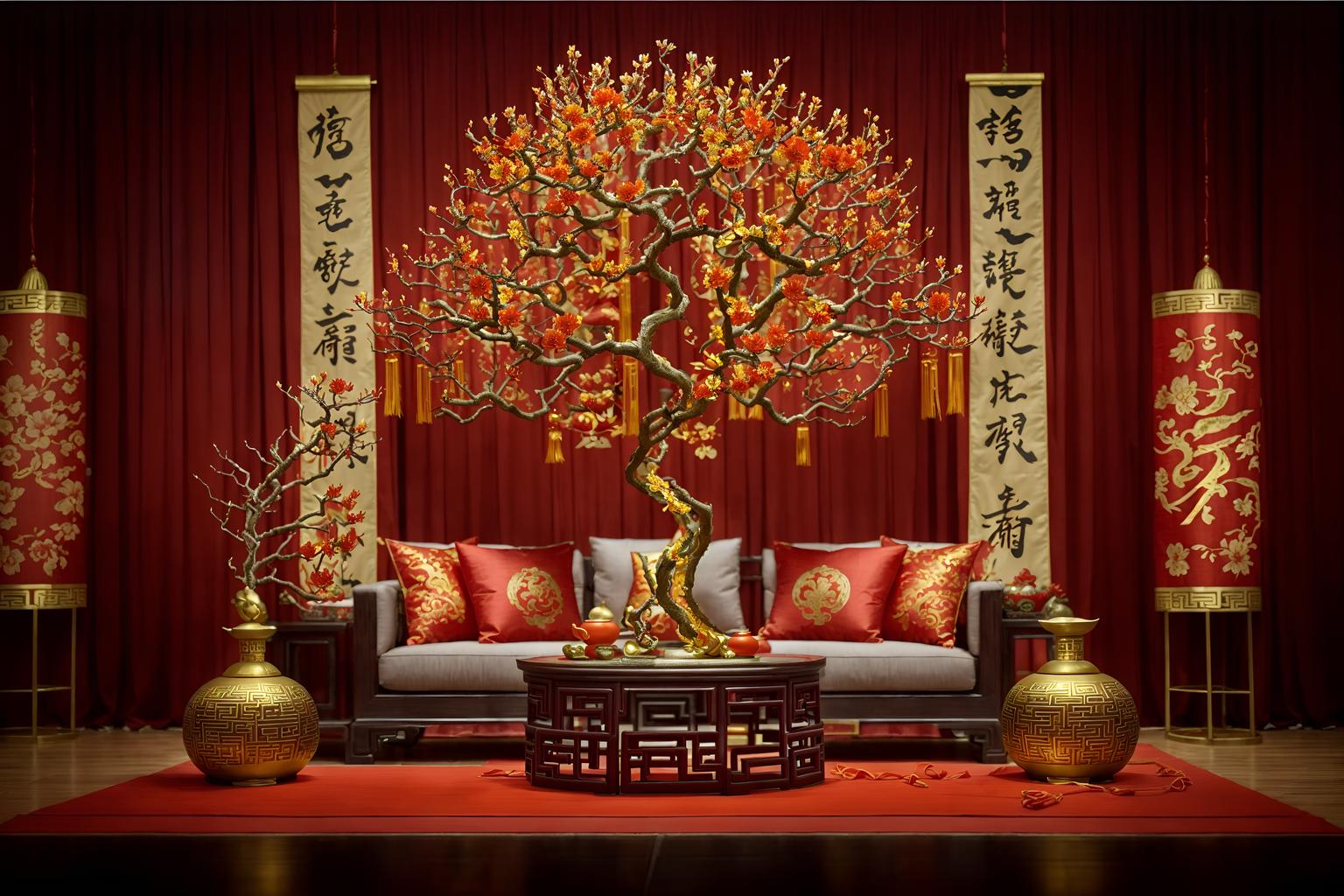 chinese new year-style (clothing store interior) . with fai chun banners and mei hwa flowers and chinese knots and gold ingots and orange trees and money tree and red and gold tassels and zodiac calendar. . cinematic photo, highly detailed, cinematic lighting, ultra-detailed, ultrarealistic, photorealism, 8k. chinese new year interior design style. masterpiece, cinematic light, ultrarealistic+, photorealistic+, 8k, raw photo, realistic, sharp focus on eyes, (symmetrical eyes), (intact eyes), hyperrealistic, highest quality, best quality, , highly detailed, masterpiece, best quality, extremely detailed 8k wallpaper, masterpiece, best quality, ultra-detailed, best shadow, detailed background, detailed face, detailed eyes, high contrast, best illumination, detailed face, dulux, caustic, dynamic angle, detailed glow. dramatic lighting. highly detailed, insanely detailed hair, symmetrical, intricate details, professionally retouched, 8k high definition. strong bokeh. award winning photo.