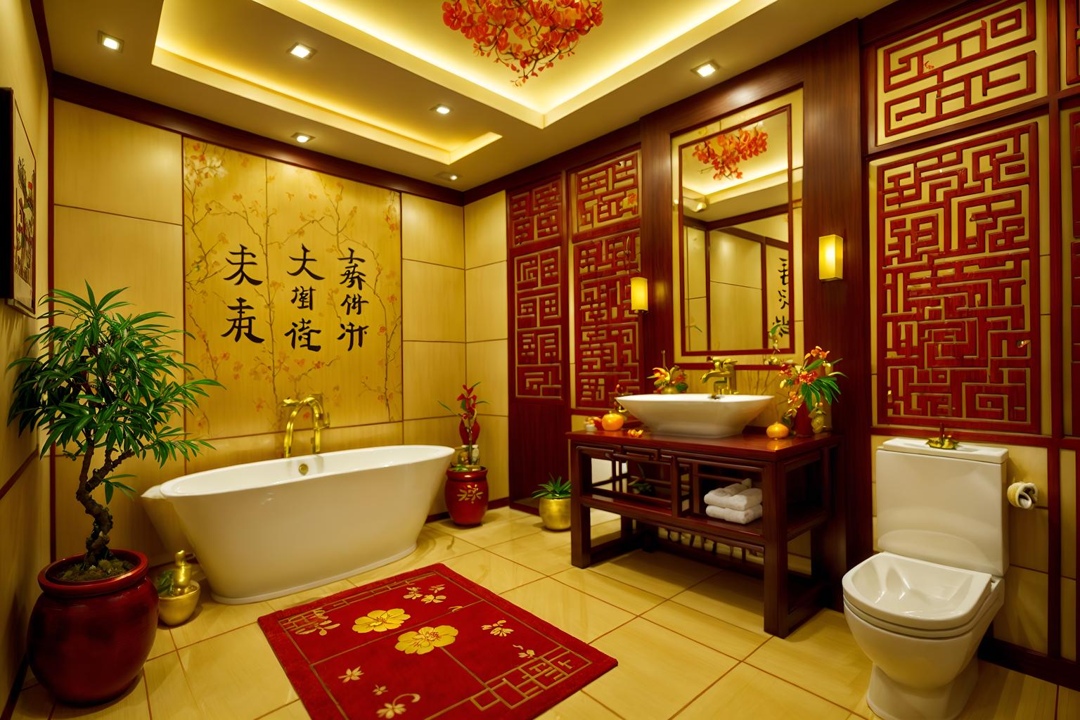 chinese new year-style (hotel bathroom interior) with waste basket and bathroom sink with faucet and shower and bathroom cabinet and bathtub and plant and toilet seat and mirror. . with red and gold candles and chinese knots and kumquat trees and zodiac calendar and vases of plum blossoms and orchids and orange trees and gold ingots and money tree. . cinematic photo, highly detailed, cinematic lighting, ultra-detailed, ultrarealistic, photorealism, 8k. chinese new year interior design style. masterpiece, cinematic light, ultrarealistic+, photorealistic+, 8k, raw photo, realistic, sharp focus on eyes, (symmetrical eyes), (intact eyes), hyperrealistic, highest quality, best quality, , highly detailed, masterpiece, best quality, extremely detailed 8k wallpaper, masterpiece, best quality, ultra-detailed, best shadow, detailed background, detailed face, detailed eyes, high contrast, best illumination, detailed face, dulux, caustic, dynamic angle, detailed glow. dramatic lighting. highly detailed, insanely detailed hair, symmetrical, intricate details, professionally retouched, 8k high definition. strong bokeh. award winning photo.