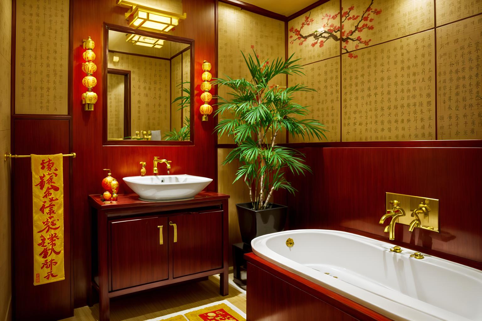 chinese new year-style (hotel bathroom interior) with waste basket and bathroom sink with faucet and shower and bathroom cabinet and bathtub and plant and toilet seat and mirror. . with red and gold candles and chinese knots and kumquat trees and zodiac calendar and vases of plum blossoms and orchids and orange trees and gold ingots and money tree. . cinematic photo, highly detailed, cinematic lighting, ultra-detailed, ultrarealistic, photorealism, 8k. chinese new year interior design style. masterpiece, cinematic light, ultrarealistic+, photorealistic+, 8k, raw photo, realistic, sharp focus on eyes, (symmetrical eyes), (intact eyes), hyperrealistic, highest quality, best quality, , highly detailed, masterpiece, best quality, extremely detailed 8k wallpaper, masterpiece, best quality, ultra-detailed, best shadow, detailed background, detailed face, detailed eyes, high contrast, best illumination, detailed face, dulux, caustic, dynamic angle, detailed glow. dramatic lighting. highly detailed, insanely detailed hair, symmetrical, intricate details, professionally retouched, 8k high definition. strong bokeh. award winning photo.