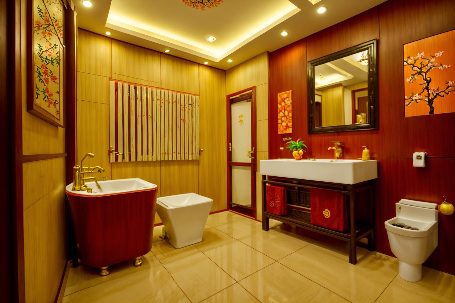 chinese new year-style (hotel bathroom interior) with waste basket and bathroom sink with faucet and shower and bathroom cabinet and bathtub and plant and toilet seat and mirror. . with red and gold candles and chinese knots and kumquat trees and zodiac calendar and vases of plum blossoms and orchids and orange trees and gold ingots and money tree. . cinematic photo, highly detailed, cinematic lighting, ultra-detailed, ultrarealistic, photorealism, 8k. chinese new year interior design style. masterpiece, cinematic light, ultrarealistic+, photorealistic+, 8k, raw photo, realistic, sharp focus on eyes, (symmetrical eyes), (intact eyes), hyperrealistic, highest quality, best quality, , highly detailed, masterpiece, best quality, extremely detailed 8k wallpaper, masterpiece, best quality, ultra-detailed, best shadow, detailed background, detailed face, detailed eyes, high contrast, best illumination, detailed face, dulux, caustic, dynamic angle, detailed glow. dramatic lighting. highly detailed, insanely detailed hair, symmetrical, intricate details, professionally retouched, 8k high definition. strong bokeh. award winning photo.