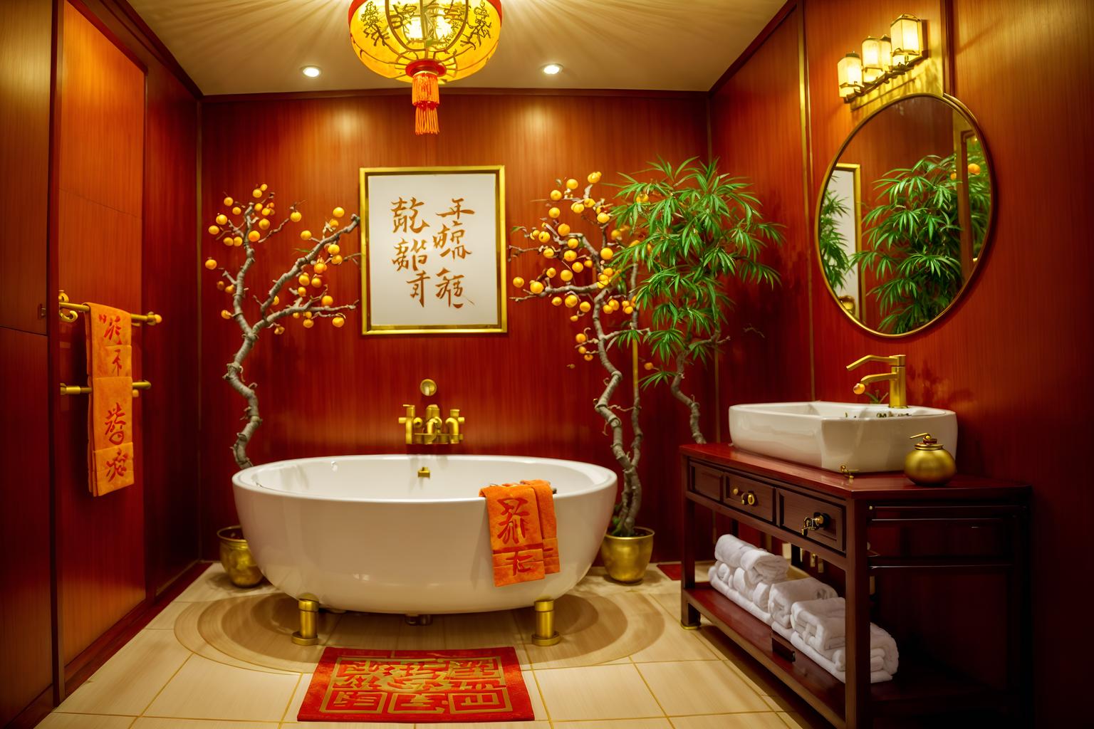 chinese new year-style (hotel bathroom interior) with waste basket and bathroom sink with faucet and shower and bathroom cabinet and bathtub and plant and toilet seat and mirror. . with red and gold candles and chinese knots and kumquat trees and zodiac calendar and vases of plum blossoms and orchids and orange trees and gold ingots and money tree. . cinematic photo, highly detailed, cinematic lighting, ultra-detailed, ultrarealistic, photorealism, 8k. chinese new year interior design style. masterpiece, cinematic light, ultrarealistic+, photorealistic+, 8k, raw photo, realistic, sharp focus on eyes, (symmetrical eyes), (intact eyes), hyperrealistic, highest quality, best quality, , highly detailed, masterpiece, best quality, extremely detailed 8k wallpaper, masterpiece, best quality, ultra-detailed, best shadow, detailed background, detailed face, detailed eyes, high contrast, best illumination, detailed face, dulux, caustic, dynamic angle, detailed glow. dramatic lighting. highly detailed, insanely detailed hair, symmetrical, intricate details, professionally retouched, 8k high definition. strong bokeh. award winning photo.