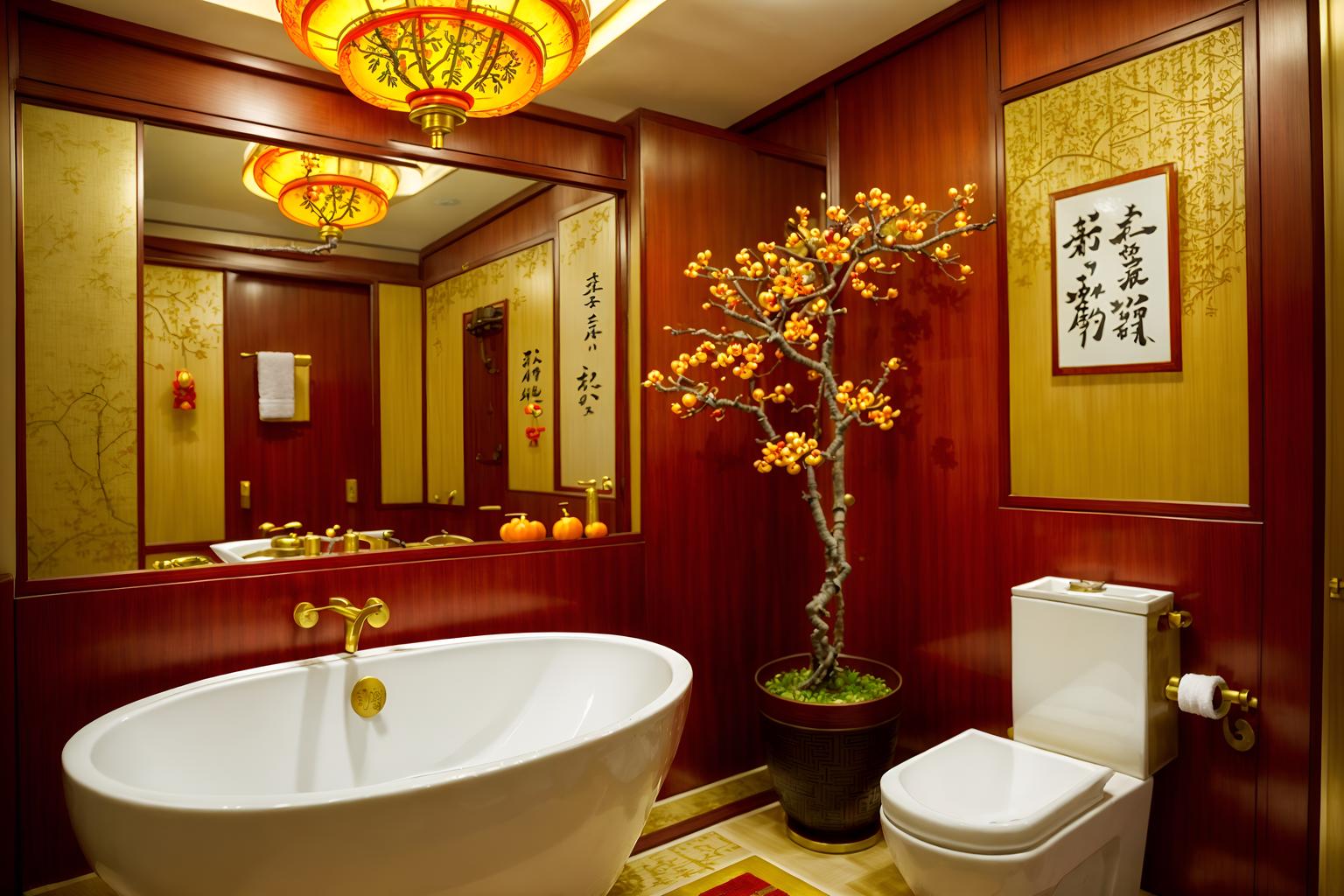chinese new year-style (hotel bathroom interior) with waste basket and bathroom sink with faucet and shower and bathroom cabinet and bathtub and plant and toilet seat and mirror. . with red and gold candles and chinese knots and kumquat trees and zodiac calendar and vases of plum blossoms and orchids and orange trees and gold ingots and money tree. . cinematic photo, highly detailed, cinematic lighting, ultra-detailed, ultrarealistic, photorealism, 8k. chinese new year interior design style. masterpiece, cinematic light, ultrarealistic+, photorealistic+, 8k, raw photo, realistic, sharp focus on eyes, (symmetrical eyes), (intact eyes), hyperrealistic, highest quality, best quality, , highly detailed, masterpiece, best quality, extremely detailed 8k wallpaper, masterpiece, best quality, ultra-detailed, best shadow, detailed background, detailed face, detailed eyes, high contrast, best illumination, detailed face, dulux, caustic, dynamic angle, detailed glow. dramatic lighting. highly detailed, insanely detailed hair, symmetrical, intricate details, professionally retouched, 8k high definition. strong bokeh. award winning photo.