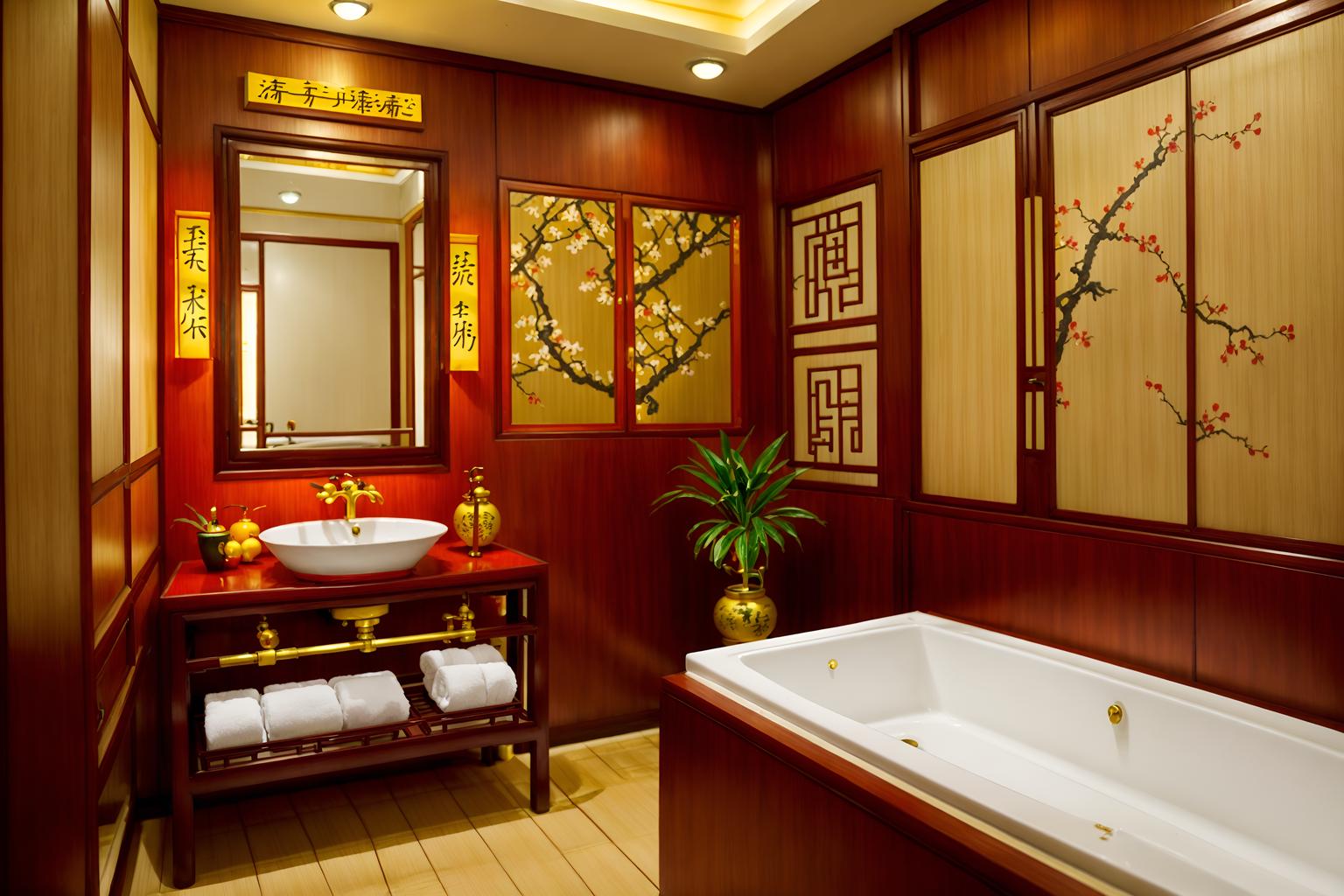 chinese new year-style (hotel bathroom interior) with waste basket and bathroom sink with faucet and shower and bathroom cabinet and bathtub and plant and toilet seat and mirror. . with red and gold candles and chinese knots and kumquat trees and zodiac calendar and vases of plum blossoms and orchids and orange trees and gold ingots and money tree. . cinematic photo, highly detailed, cinematic lighting, ultra-detailed, ultrarealistic, photorealism, 8k. chinese new year interior design style. masterpiece, cinematic light, ultrarealistic+, photorealistic+, 8k, raw photo, realistic, sharp focus on eyes, (symmetrical eyes), (intact eyes), hyperrealistic, highest quality, best quality, , highly detailed, masterpiece, best quality, extremely detailed 8k wallpaper, masterpiece, best quality, ultra-detailed, best shadow, detailed background, detailed face, detailed eyes, high contrast, best illumination, detailed face, dulux, caustic, dynamic angle, detailed glow. dramatic lighting. highly detailed, insanely detailed hair, symmetrical, intricate details, professionally retouched, 8k high definition. strong bokeh. award winning photo.