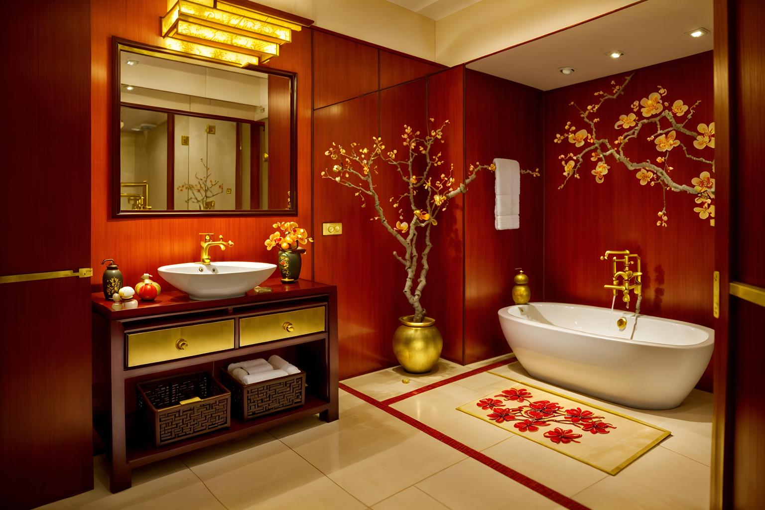 chinese new year-style (hotel bathroom interior) with waste basket and bathroom sink with faucet and shower and bathroom cabinet and bathtub and plant and toilet seat and mirror. . with red and gold candles and chinese knots and kumquat trees and zodiac calendar and vases of plum blossoms and orchids and orange trees and gold ingots and money tree. . cinematic photo, highly detailed, cinematic lighting, ultra-detailed, ultrarealistic, photorealism, 8k. chinese new year interior design style. masterpiece, cinematic light, ultrarealistic+, photorealistic+, 8k, raw photo, realistic, sharp focus on eyes, (symmetrical eyes), (intact eyes), hyperrealistic, highest quality, best quality, , highly detailed, masterpiece, best quality, extremely detailed 8k wallpaper, masterpiece, best quality, ultra-detailed, best shadow, detailed background, detailed face, detailed eyes, high contrast, best illumination, detailed face, dulux, caustic, dynamic angle, detailed glow. dramatic lighting. highly detailed, insanely detailed hair, symmetrical, intricate details, professionally retouched, 8k high definition. strong bokeh. award winning photo.