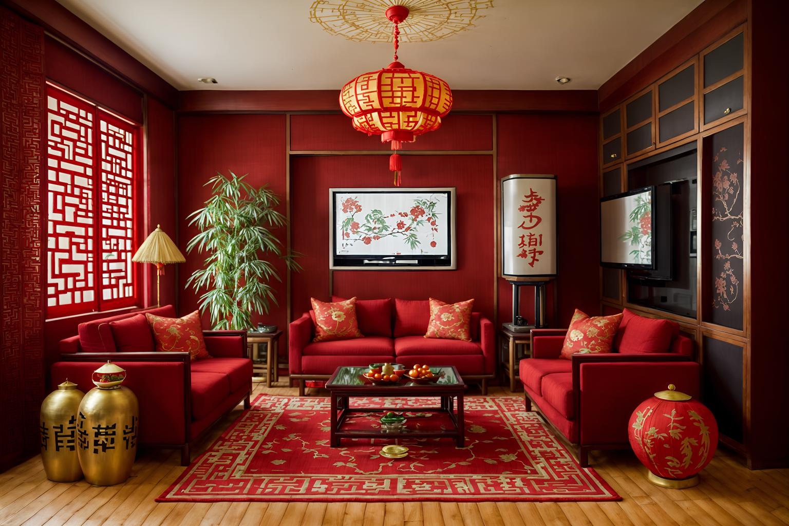 chinese new year-style (kitchen living combo interior) with televisions and refrigerator and furniture and plant and coffee tables and rug and occasional tables and chairs. . with money tree and red fabric & pillows and paper firecrackers and chinese knots and chinese red lanterns and door couplets and kumquat trees and zodiac calendar. . cinematic photo, highly detailed, cinematic lighting, ultra-detailed, ultrarealistic, photorealism, 8k. chinese new year interior design style. masterpiece, cinematic light, ultrarealistic+, photorealistic+, 8k, raw photo, realistic, sharp focus on eyes, (symmetrical eyes), (intact eyes), hyperrealistic, highest quality, best quality, , highly detailed, masterpiece, best quality, extremely detailed 8k wallpaper, masterpiece, best quality, ultra-detailed, best shadow, detailed background, detailed face, detailed eyes, high contrast, best illumination, detailed face, dulux, caustic, dynamic angle, detailed glow. dramatic lighting. highly detailed, insanely detailed hair, symmetrical, intricate details, professionally retouched, 8k high definition. strong bokeh. award winning photo.