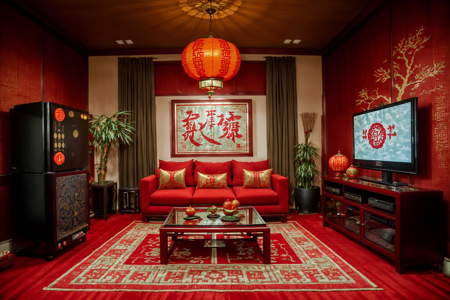 chinese new year-style (kitchen living combo interior) with televisions and refrigerator and furniture and plant and coffee tables and rug and occasional tables and chairs. . with money tree and red fabric & pillows and paper firecrackers and chinese knots and chinese red lanterns and door couplets and kumquat trees and zodiac calendar. . cinematic photo, highly detailed, cinematic lighting, ultra-detailed, ultrarealistic, photorealism, 8k. chinese new year interior design style. masterpiece, cinematic light, ultrarealistic+, photorealistic+, 8k, raw photo, realistic, sharp focus on eyes, (symmetrical eyes), (intact eyes), hyperrealistic, highest quality, best quality, , highly detailed, masterpiece, best quality, extremely detailed 8k wallpaper, masterpiece, best quality, ultra-detailed, best shadow, detailed background, detailed face, detailed eyes, high contrast, best illumination, detailed face, dulux, caustic, dynamic angle, detailed glow. dramatic lighting. highly detailed, insanely detailed hair, symmetrical, intricate details, professionally retouched, 8k high definition. strong bokeh. award winning photo.