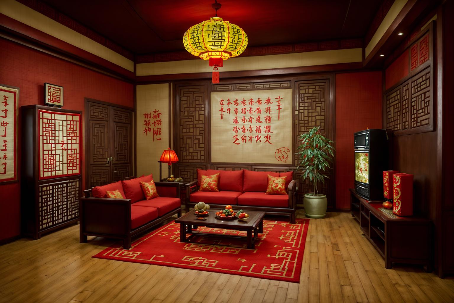 chinese new year-style (kitchen living combo interior) with televisions and refrigerator and furniture and plant and coffee tables and rug and occasional tables and chairs. . with money tree and red fabric & pillows and paper firecrackers and chinese knots and chinese red lanterns and door couplets and kumquat trees and zodiac calendar. . cinematic photo, highly detailed, cinematic lighting, ultra-detailed, ultrarealistic, photorealism, 8k. chinese new year interior design style. masterpiece, cinematic light, ultrarealistic+, photorealistic+, 8k, raw photo, realistic, sharp focus on eyes, (symmetrical eyes), (intact eyes), hyperrealistic, highest quality, best quality, , highly detailed, masterpiece, best quality, extremely detailed 8k wallpaper, masterpiece, best quality, ultra-detailed, best shadow, detailed background, detailed face, detailed eyes, high contrast, best illumination, detailed face, dulux, caustic, dynamic angle, detailed glow. dramatic lighting. highly detailed, insanely detailed hair, symmetrical, intricate details, professionally retouched, 8k high definition. strong bokeh. award winning photo.