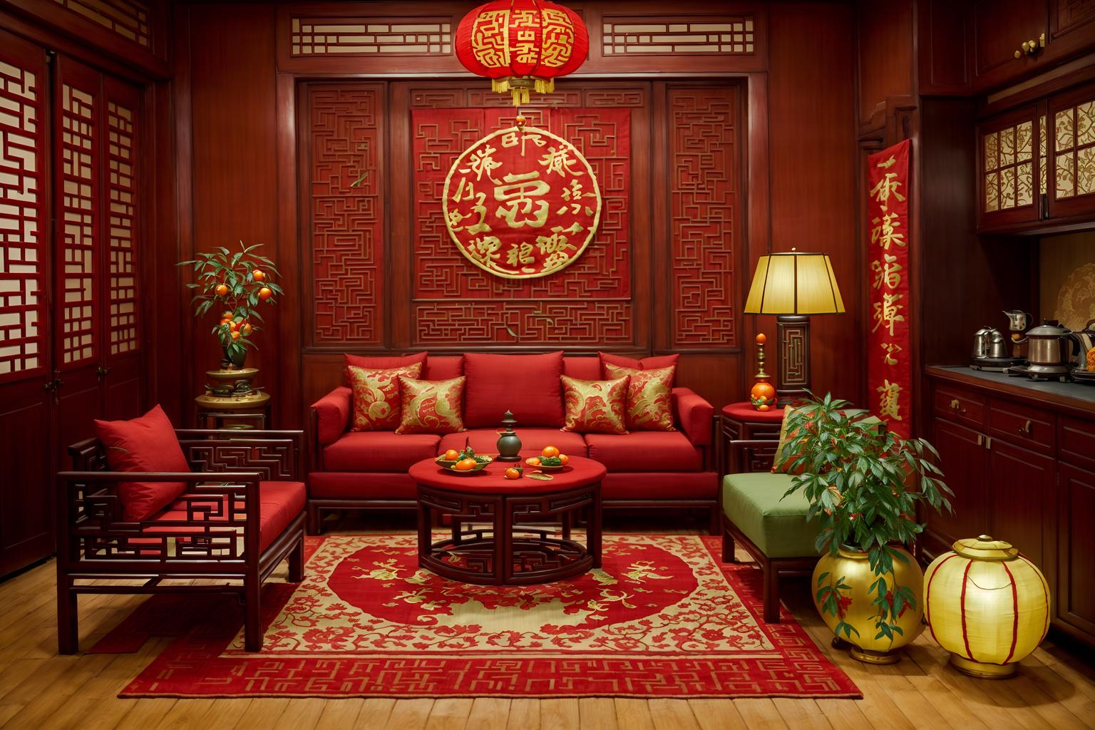 chinese new year-style (kitchen living combo interior) with televisions and refrigerator and furniture and plant and coffee tables and rug and occasional tables and chairs. . with money tree and red fabric & pillows and paper firecrackers and chinese knots and chinese red lanterns and door couplets and kumquat trees and zodiac calendar. . cinematic photo, highly detailed, cinematic lighting, ultra-detailed, ultrarealistic, photorealism, 8k. chinese new year interior design style. masterpiece, cinematic light, ultrarealistic+, photorealistic+, 8k, raw photo, realistic, sharp focus on eyes, (symmetrical eyes), (intact eyes), hyperrealistic, highest quality, best quality, , highly detailed, masterpiece, best quality, extremely detailed 8k wallpaper, masterpiece, best quality, ultra-detailed, best shadow, detailed background, detailed face, detailed eyes, high contrast, best illumination, detailed face, dulux, caustic, dynamic angle, detailed glow. dramatic lighting. highly detailed, insanely detailed hair, symmetrical, intricate details, professionally retouched, 8k high definition. strong bokeh. award winning photo.