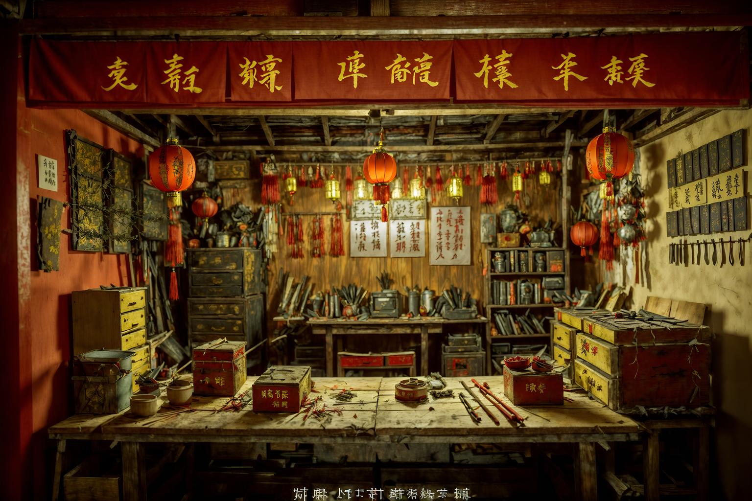 chinese new year-style (workshop interior) with messy and wooden workbench and tool wall and messy. . with paper firecrackers and zodiac calendar and orange trees and door couplets and red and gold tassels and red and gold candles and mei hwa flowers and kumquat trees. . cinematic photo, highly detailed, cinematic lighting, ultra-detailed, ultrarealistic, photorealism, 8k. chinese new year interior design style. masterpiece, cinematic light, ultrarealistic+, photorealistic+, 8k, raw photo, realistic, sharp focus on eyes, (symmetrical eyes), (intact eyes), hyperrealistic, highest quality, best quality, , highly detailed, masterpiece, best quality, extremely detailed 8k wallpaper, masterpiece, best quality, ultra-detailed, best shadow, detailed background, detailed face, detailed eyes, high contrast, best illumination, detailed face, dulux, caustic, dynamic angle, detailed glow. dramatic lighting. highly detailed, insanely detailed hair, symmetrical, intricate details, professionally retouched, 8k high definition. strong bokeh. award winning photo.